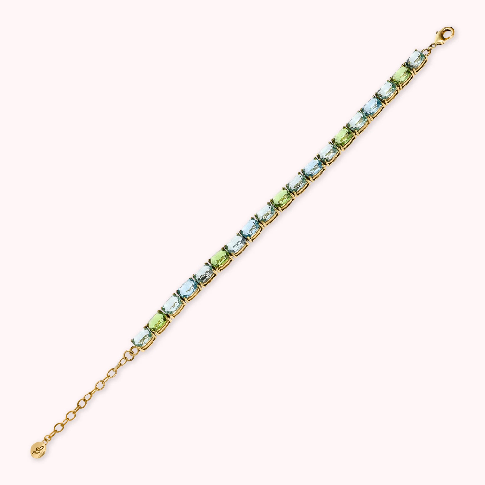 Golden Tennis Bracelet with Green and Blue Mosaic Cut Prisma Gems