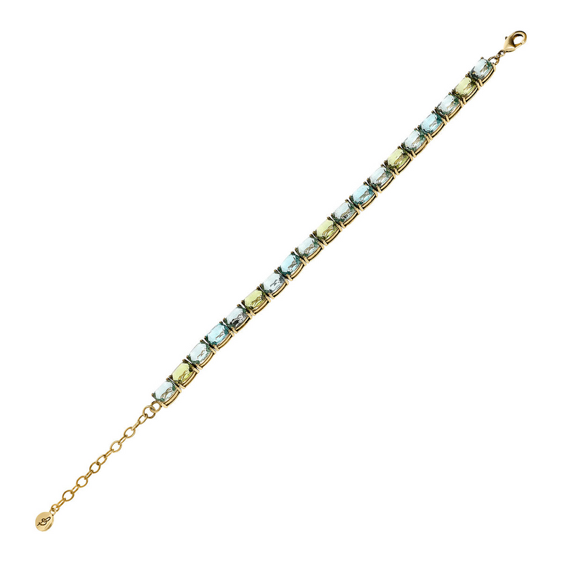 Golden Tennis Bracelet with Green and Blue Prisma Gem in Mosaic Cut