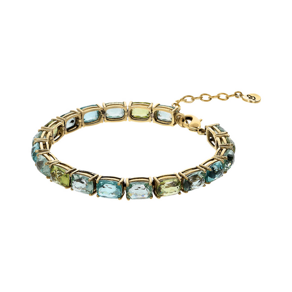 Golden Tennis Bracelet with Green and Blue Prisma Gem in Mosaic Cut