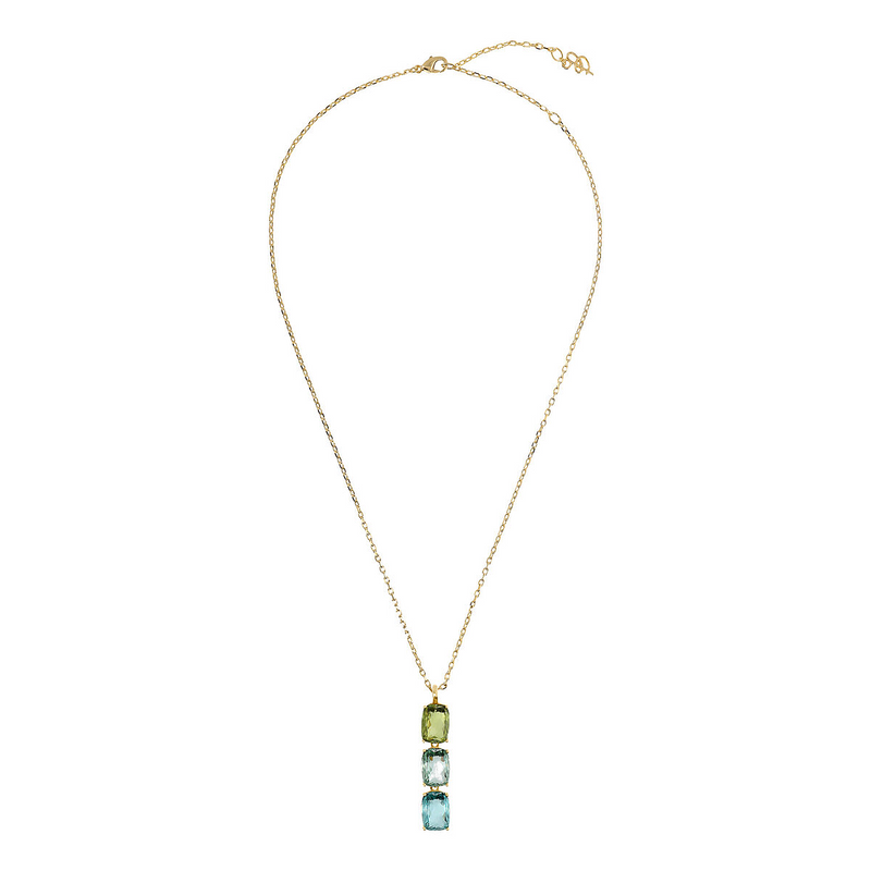 Goldene Halskette mit grünem und blauem Prismastein im Mosaikschliff