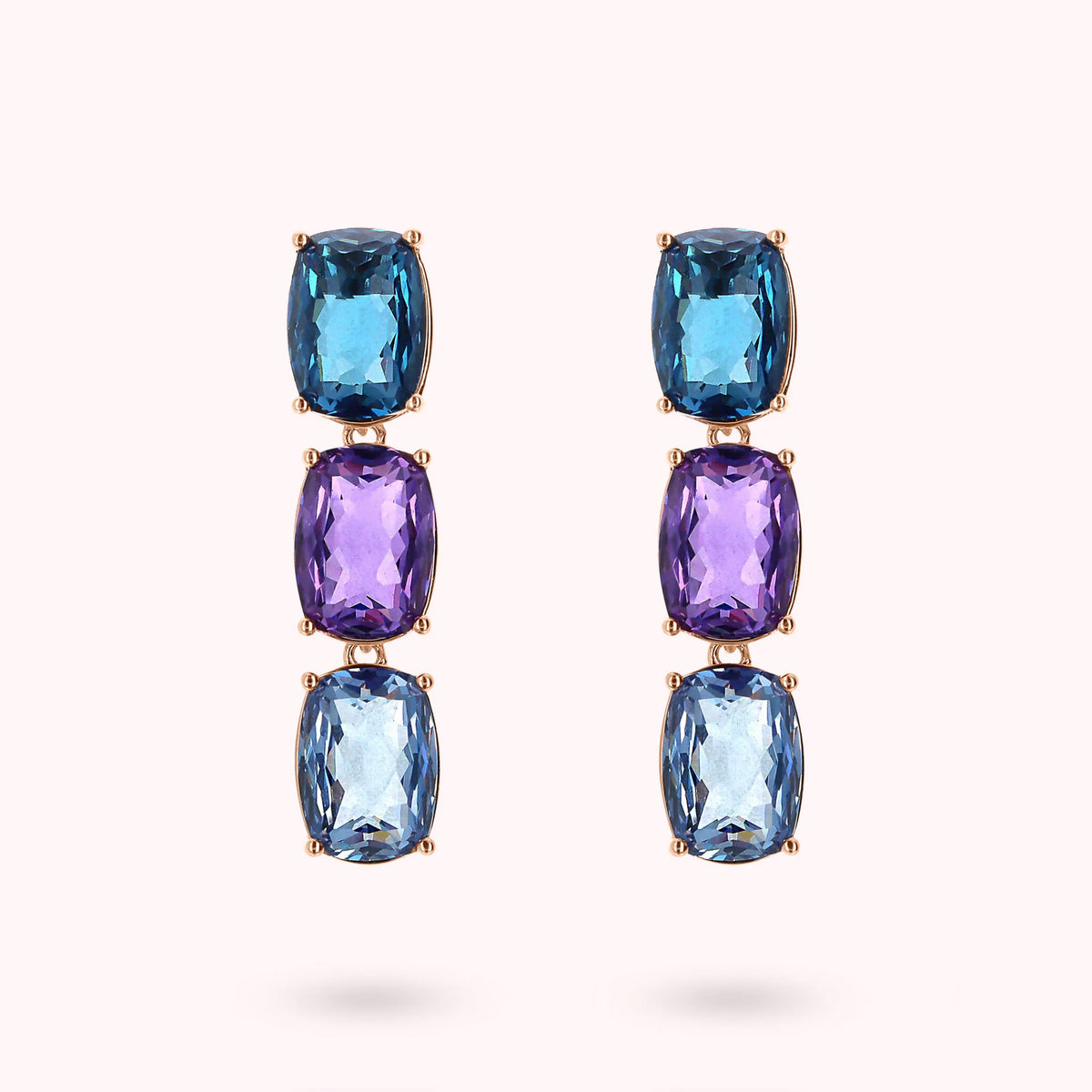 Boucles d'oreilles pendantes trilogie avec mosaïque de pierres précieuses taillées en prisme