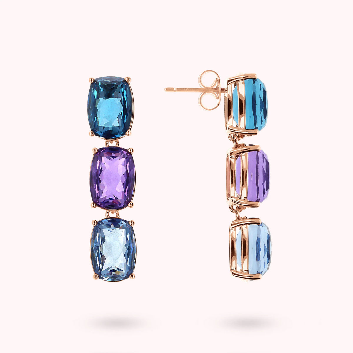 Boucles d'oreilles pendantes trilogie avec mosaïque de pierres précieuses taillées en prisme