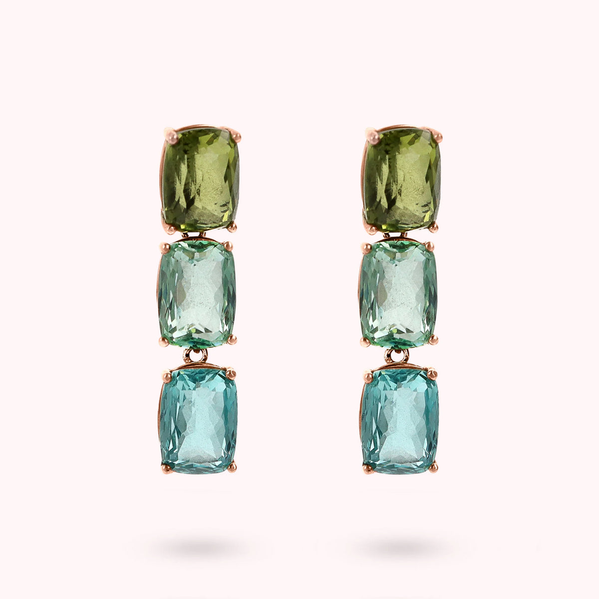 Boucles d'oreilles pendantes trilogie avec mosaïque de pierres précieuses taillées en prisme