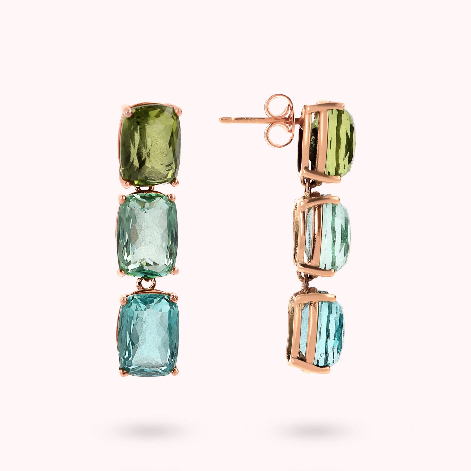 Boucles d'oreilles pendantes trilogie avec mosaïque de pierres précieuses taillées en prisme