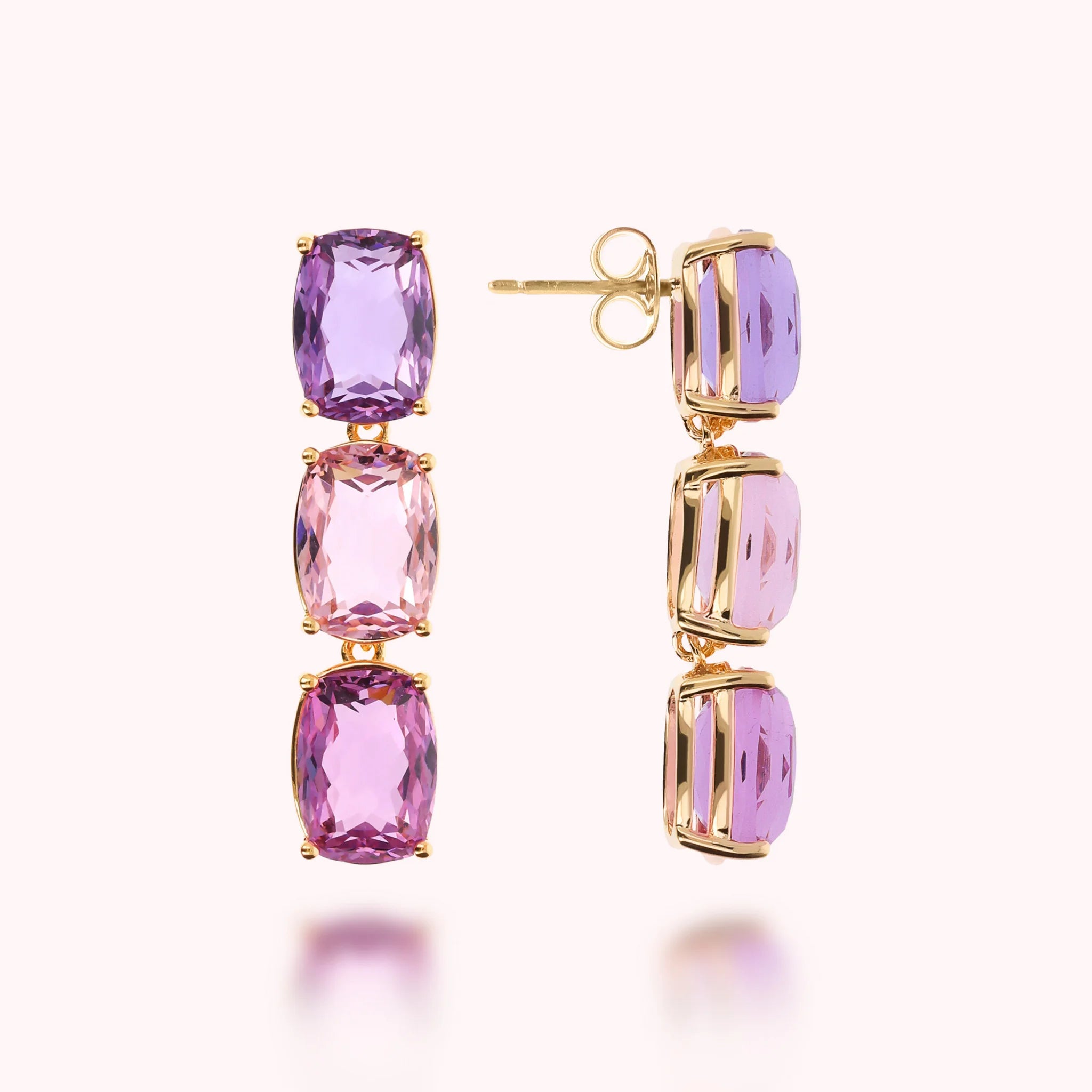 Golden Dangle Earrings with Green and Blue Mosaic Cut Prisma Gems  