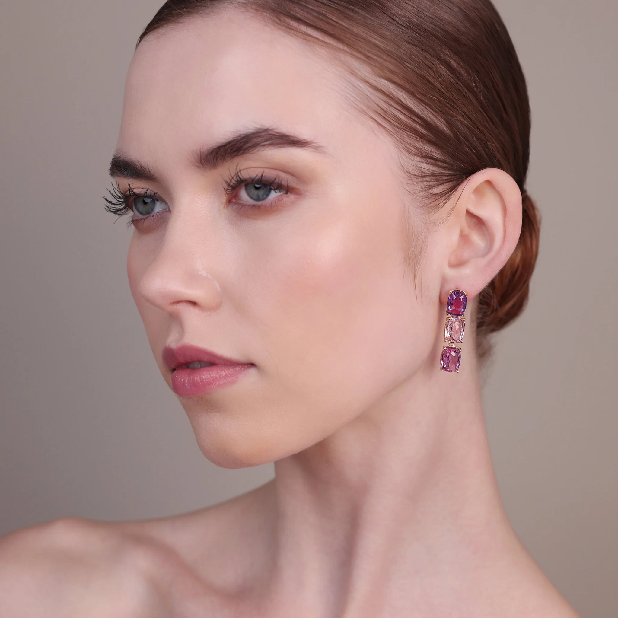 Golden Dangle Earrings with Green and Blue Mosaic Cut Prisma Gems  