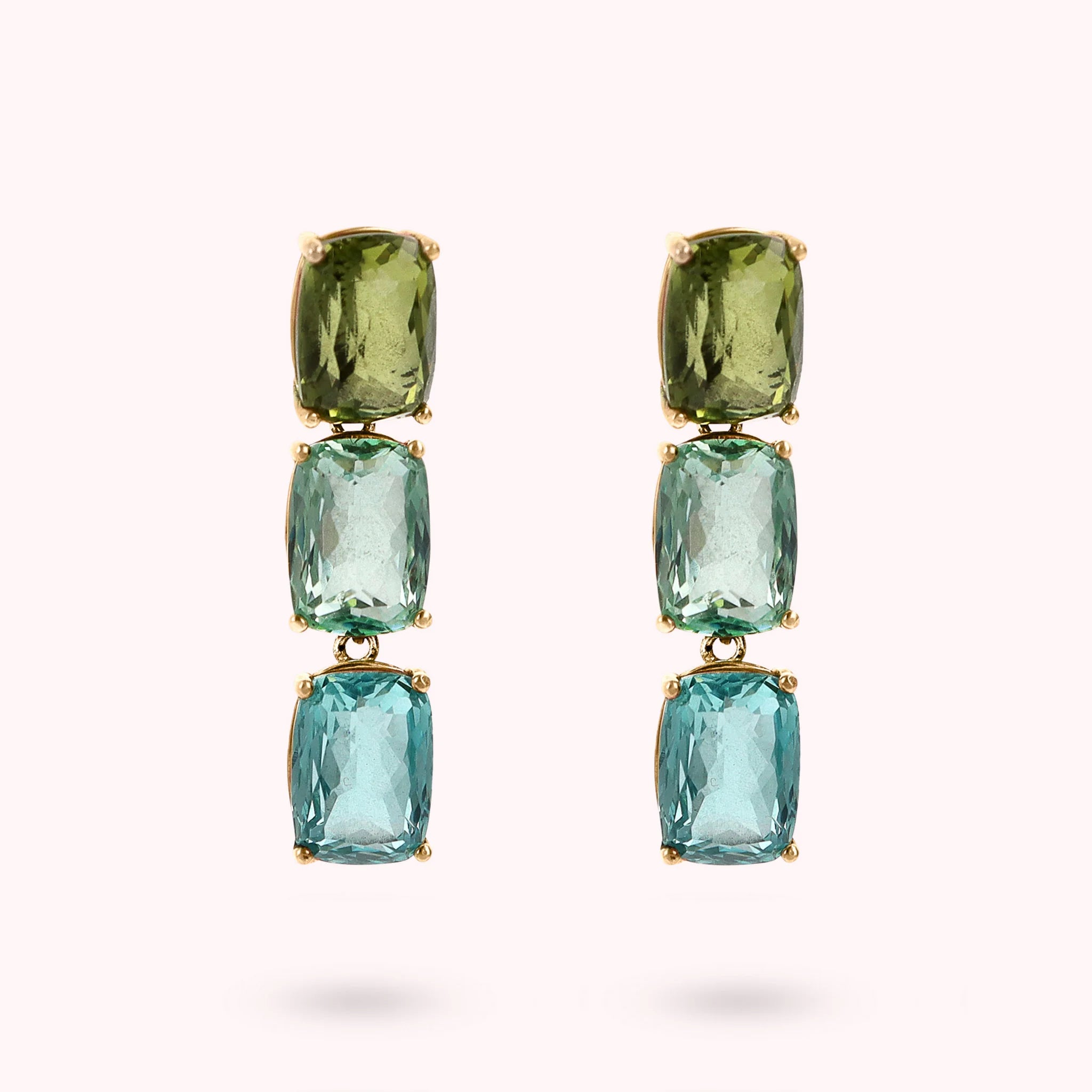 Golden Dangle Earrings with Green and Blue Mosaic Cut Prisma Gems  