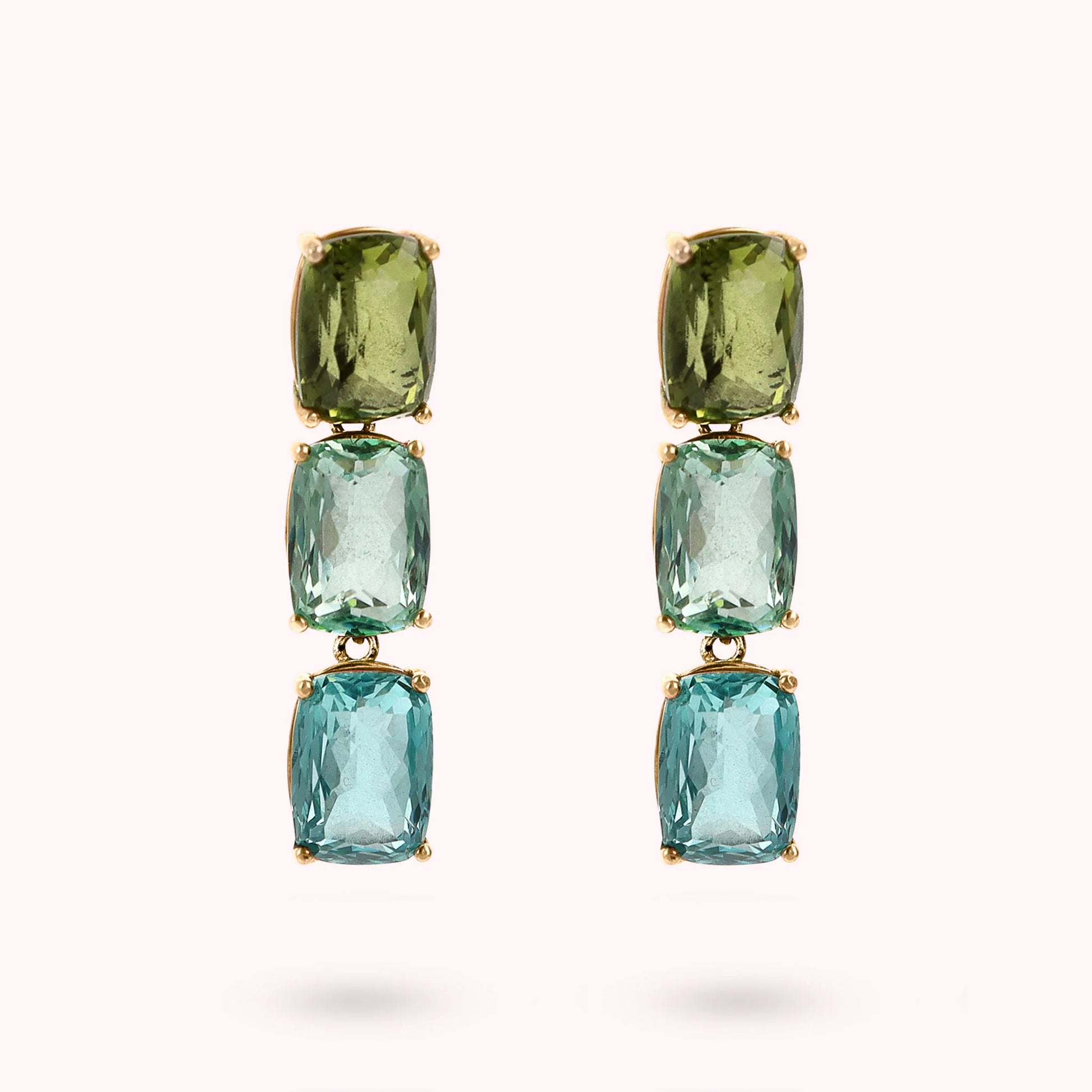 Golden Dangle Earrings with Green and Blue Mosaic Cut Prisma Gems  