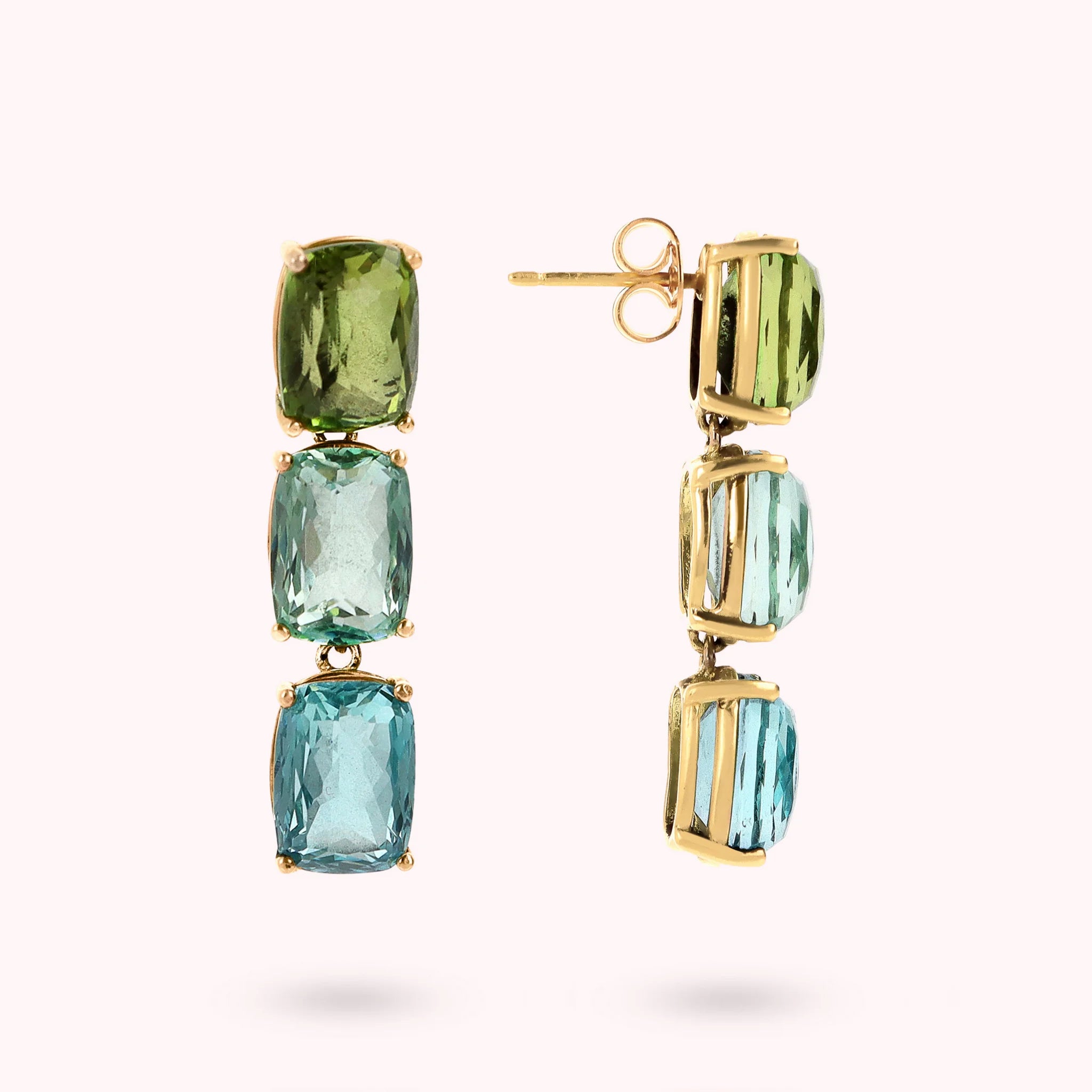 Golden Dangle Earrings with Green and Blue Mosaic Cut Prisma Gems  