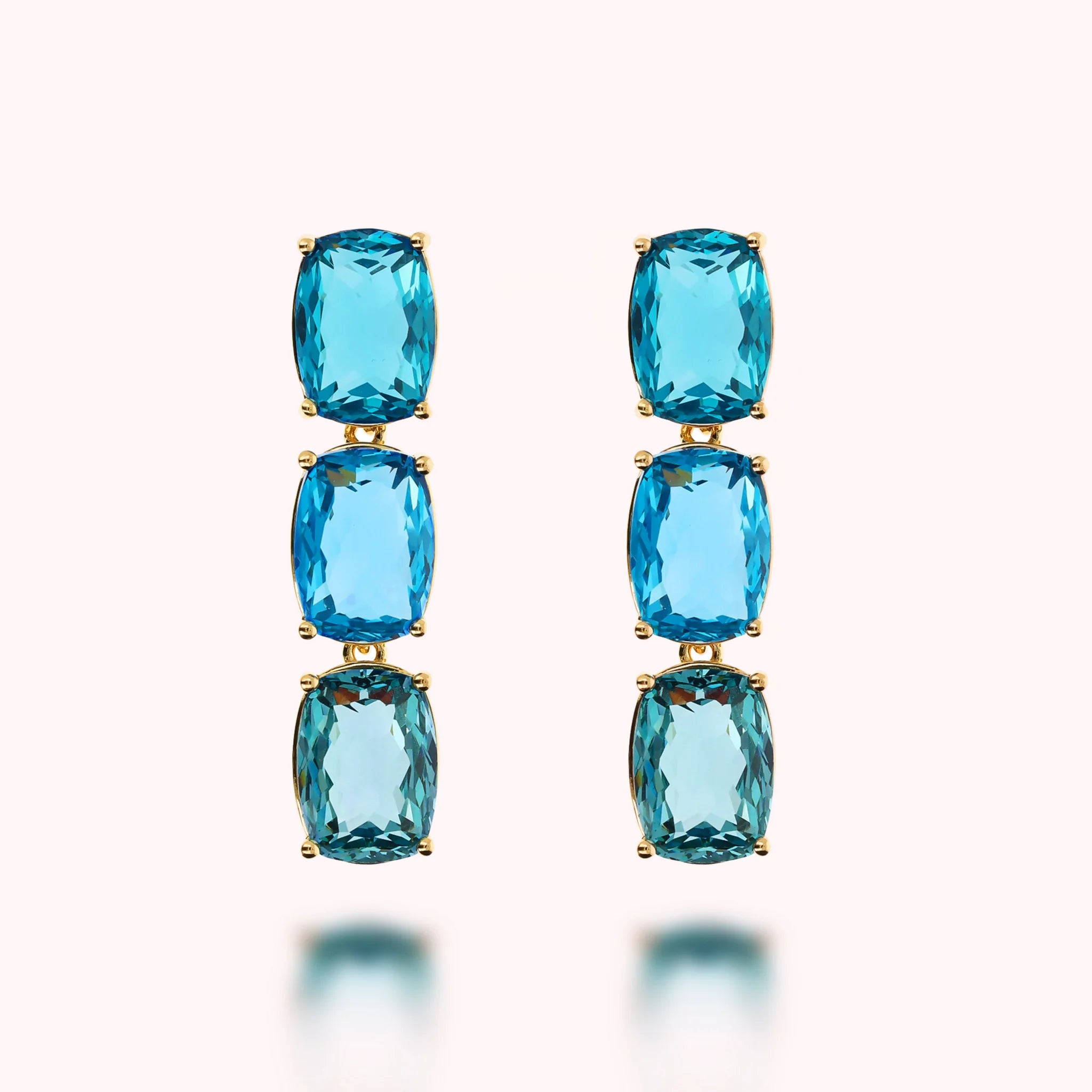 Golden Dangle Earrings with Green and Blue Mosaic Cut Prisma Gems  