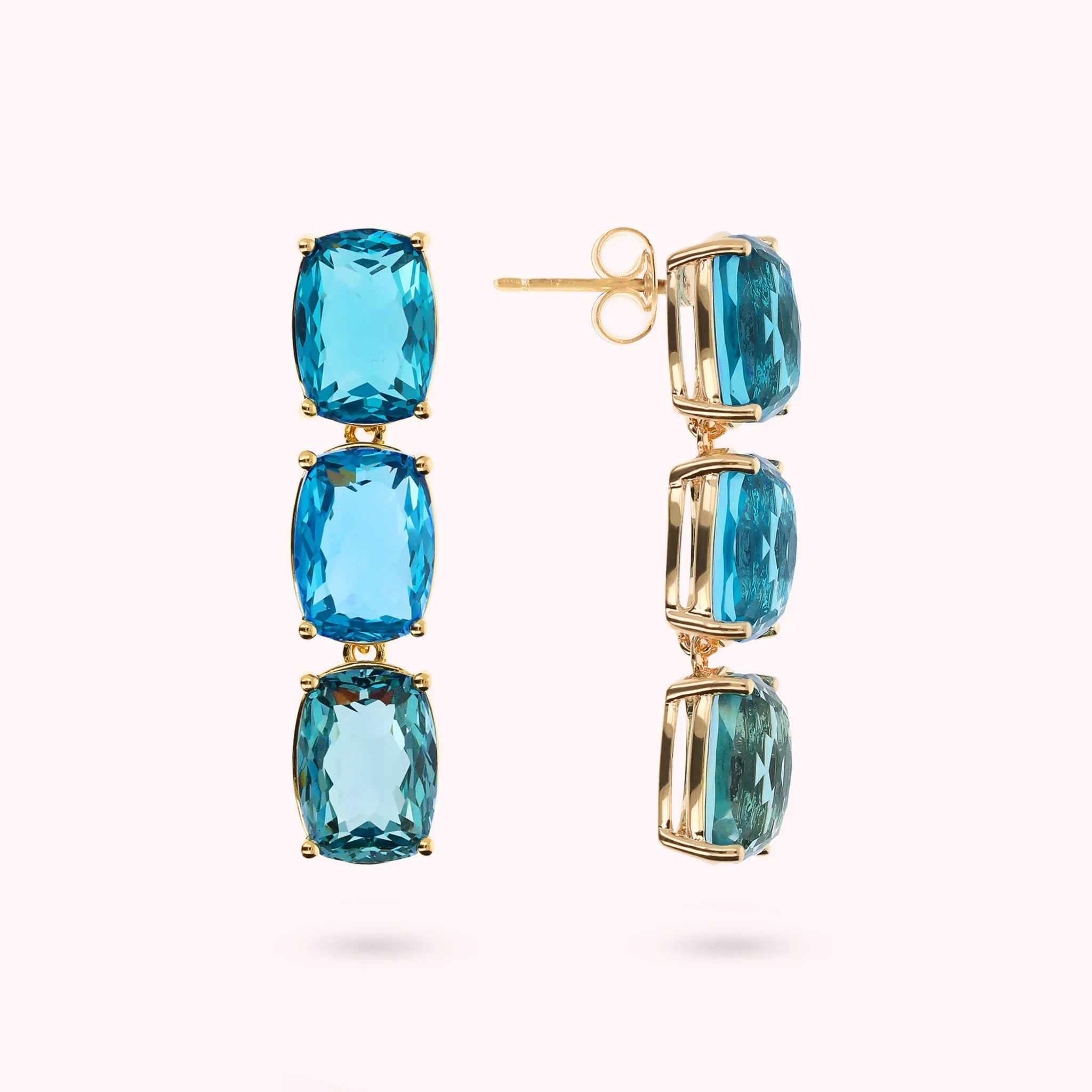 Golden Dangle Earrings with Green and Blue Mosaic Cut Prisma Gems  