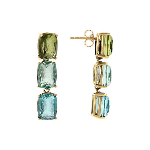 Golden Pendant Earrings with Green and Blue Prism Gem Mosaic Cut