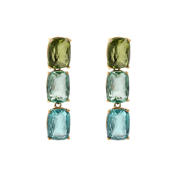 Golden Pendant Earrings with Green and Blue Prism Gem Mosaic Cut