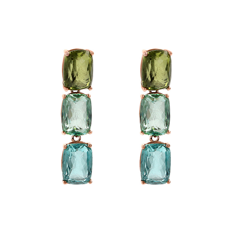 Pendant Earrings with Mosaic Cut Green and Blue Prism Gems