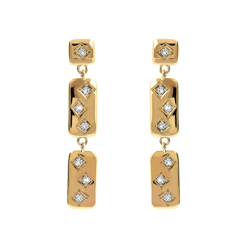 Goldene Étoile-Ohrringe mit rechteckigen Elementen und Lichtpunkten aus Zirkonia