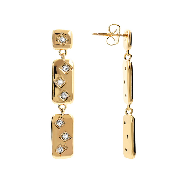 Golden Étoile Earrings with Rectangular Elements and Light Points in Cubic Zirconia