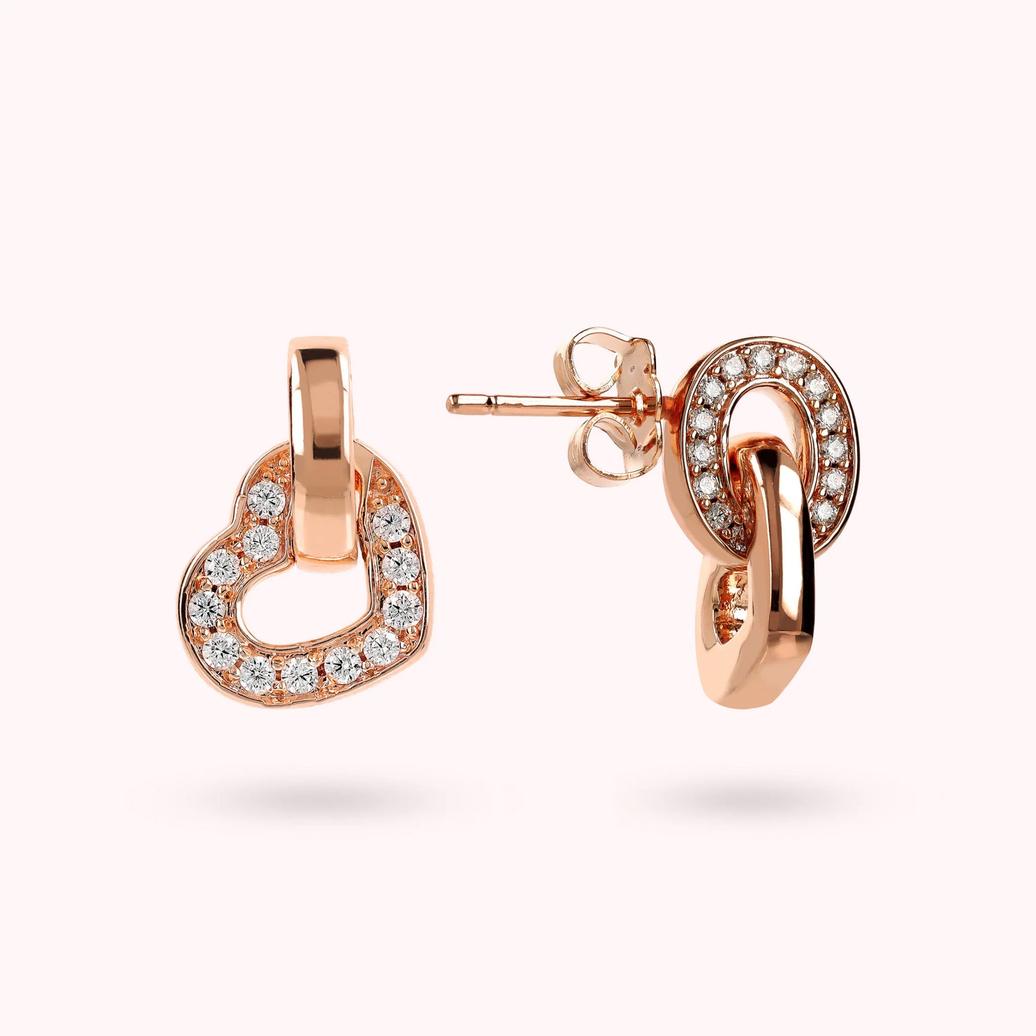 Drop Earrings with Double Pavé Heart Elements and Oval Link