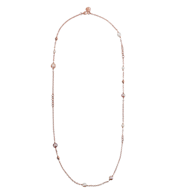 Long Rolo Chain Necklace with Golden Rosé Bead and Freshwater Pearls Ø 6/10.5 mm