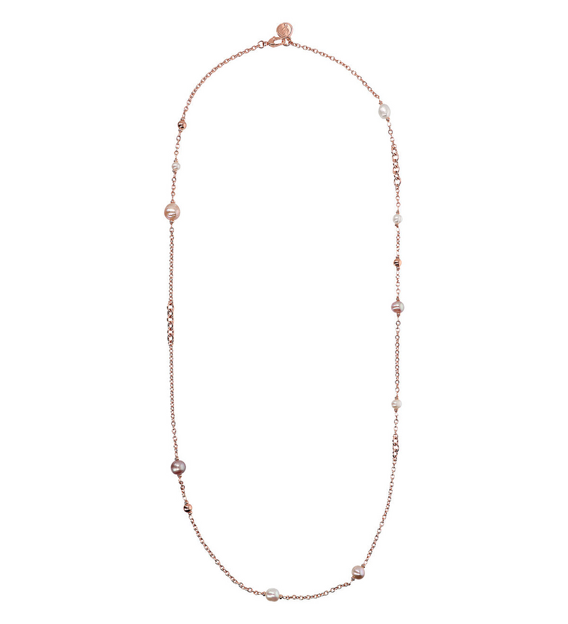 Collier Longue Chaîne Rolo avec Perle Rosée Dorée et Perles d'Eau Douce Ø 6/10,5 mm