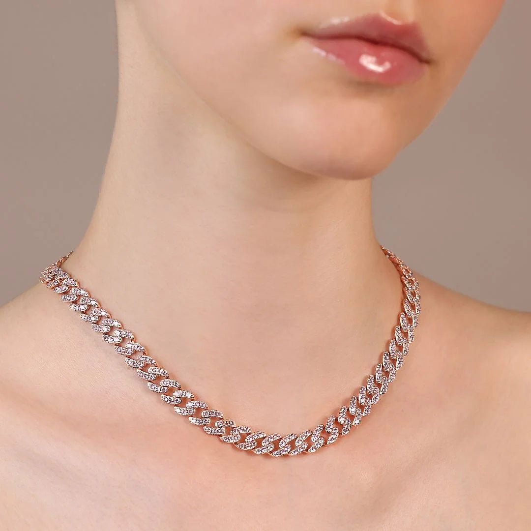 Square Link Chain Choker Necklace with Cubic Zirconia Pavé
