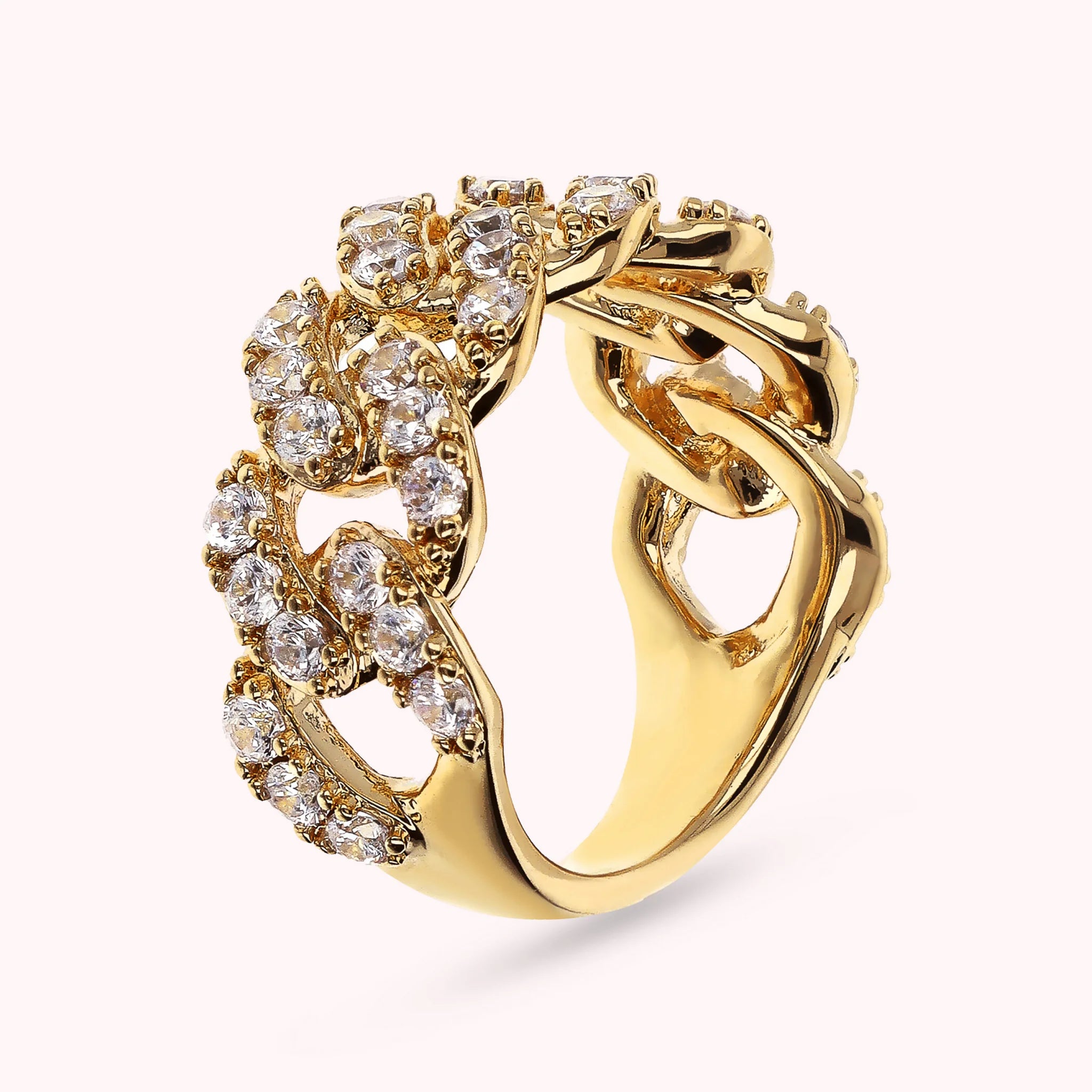 Anello a Fascia Golden Catena Grumetta Squadrata con Pavé di Cubic Zirconia