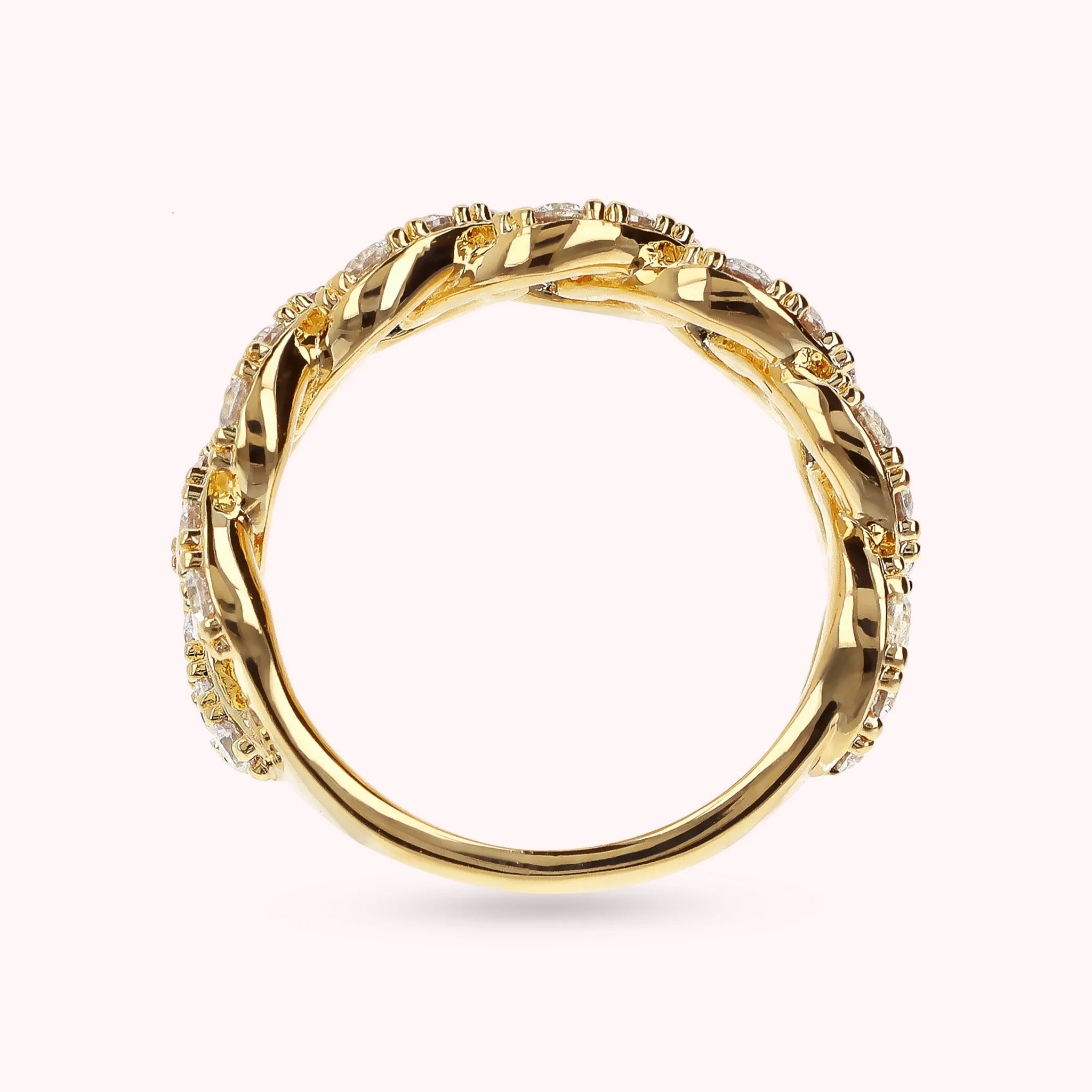 Square Grumetta Chain Golden Band Ring with Cubic Zirconia Pavé