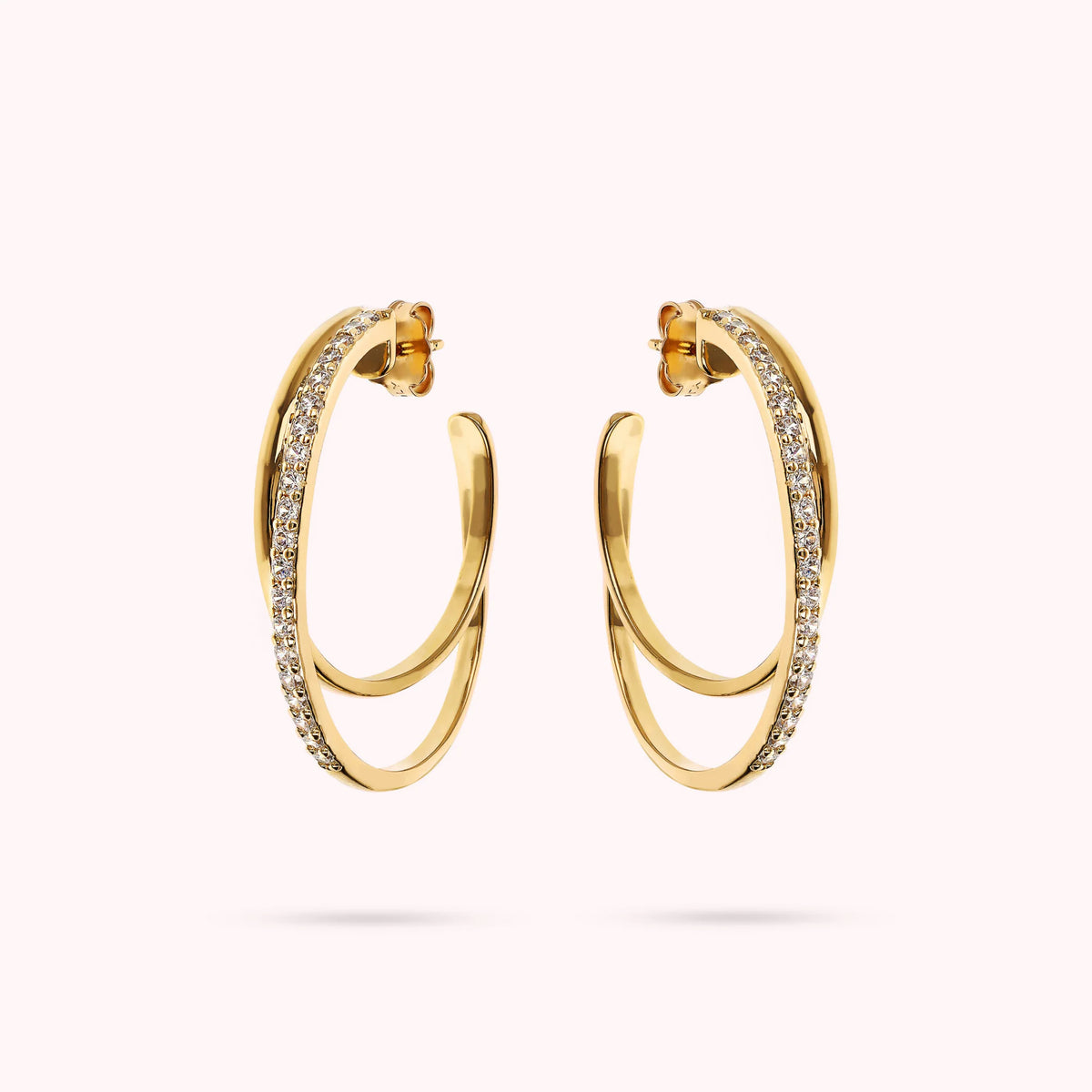 Golden Graduated Double Hoop Earrings with Cubic Zirconia