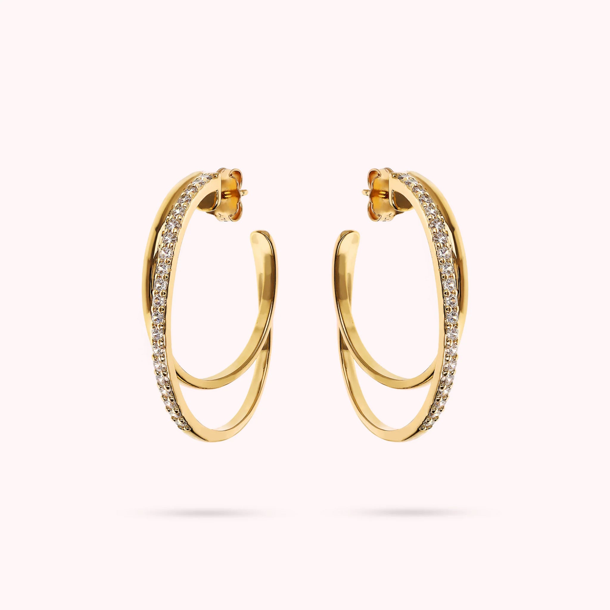 Golden Graduated Double Hoop Earrings with Cubic Zirconia