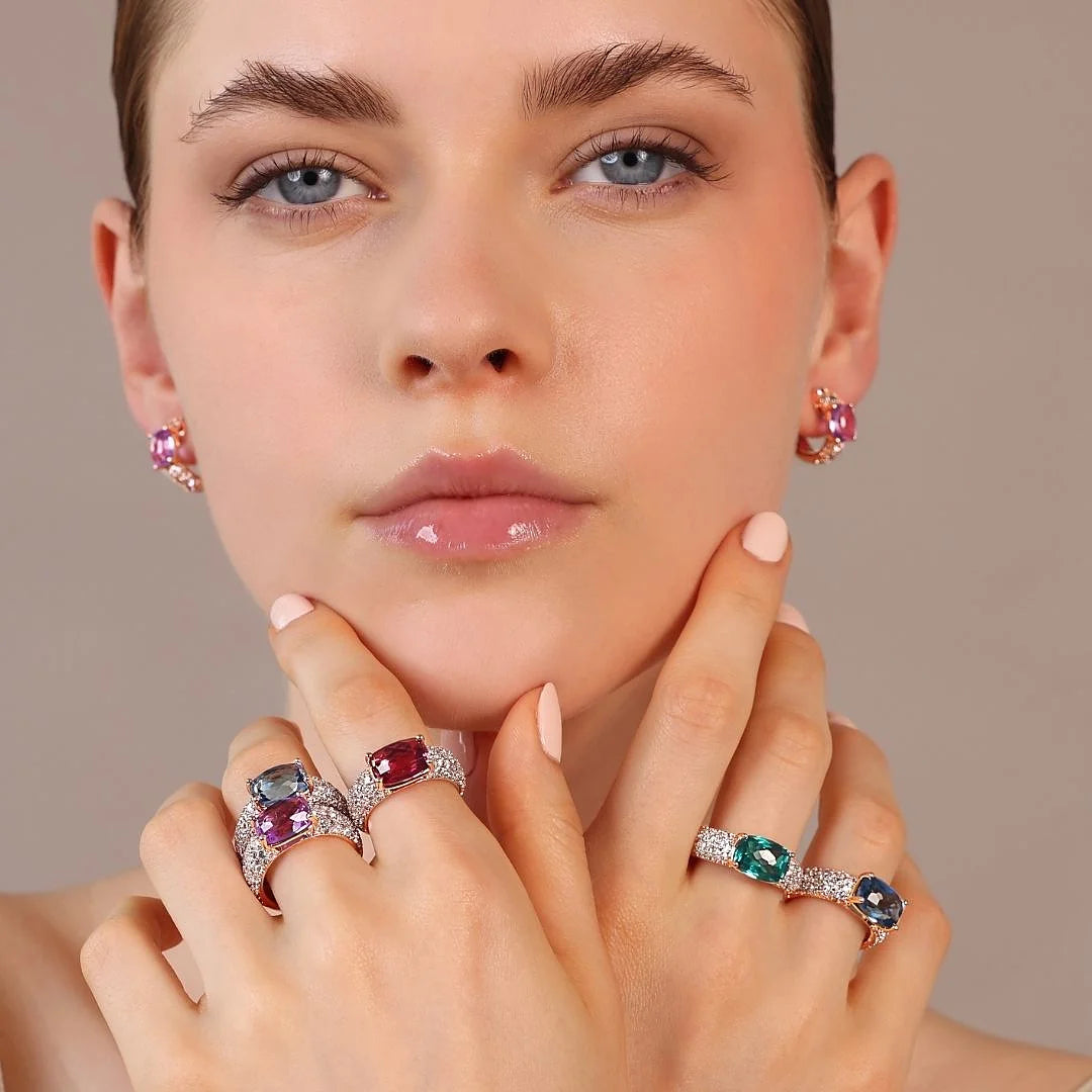 Ring with Prism Gem Cut Mosaic and Cubic Zirconia Pavé