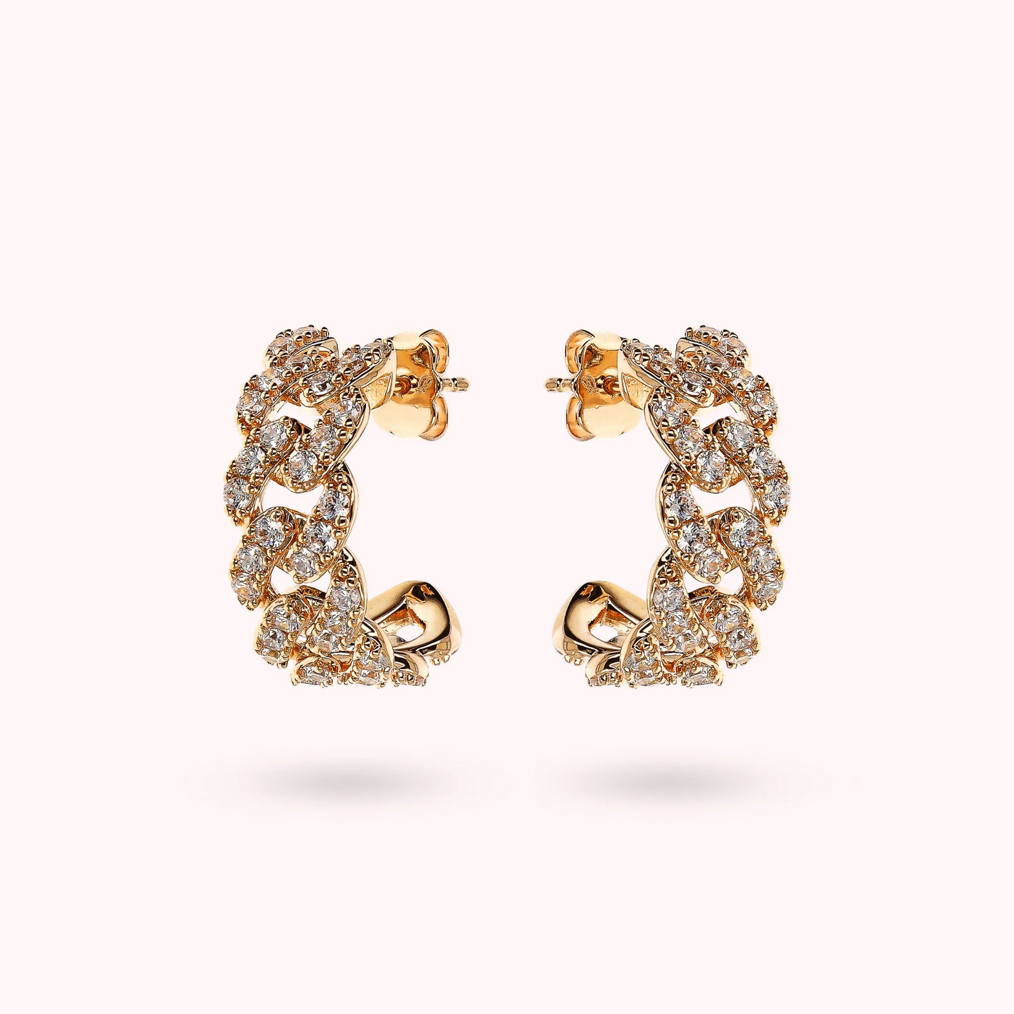 Golden Chain Square Grumetta Lobe Earrings with Cubic Zirconia Pavé