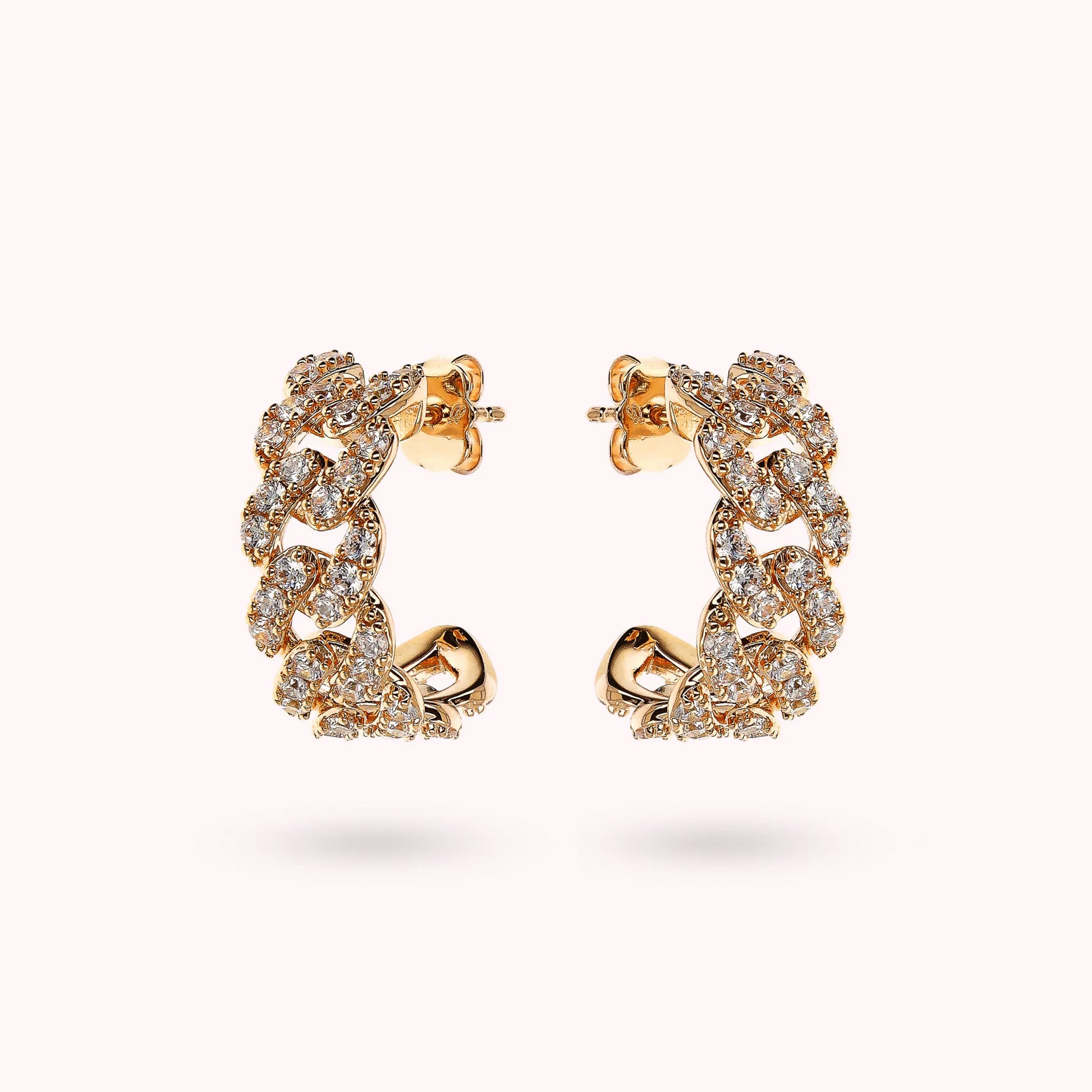 Golden Chain Square Grumetta Lobe Earrings with Cubic Zirconia Pavé