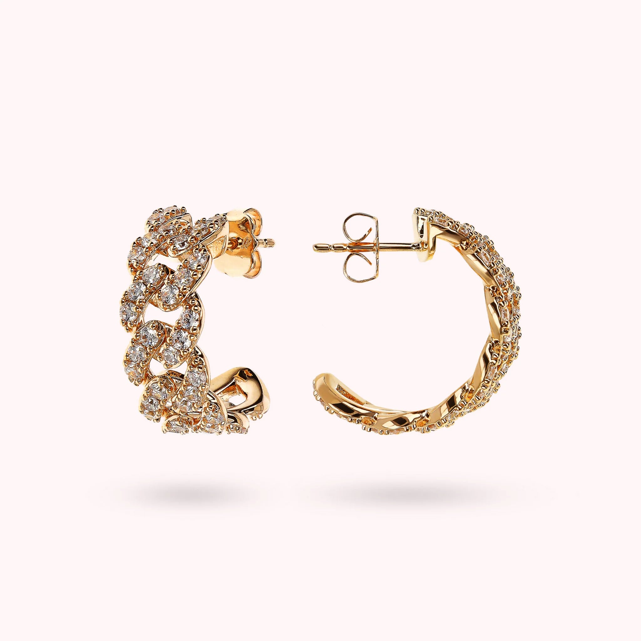 Golden Chain Square Grumetta Lobe Earrings with Cubic Zirconia Pavé