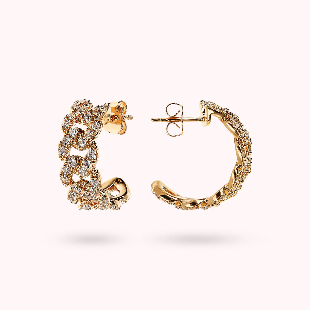 Golden Chain Square Grumetta Lobe Earrings with Cubic Zirconia Pavé