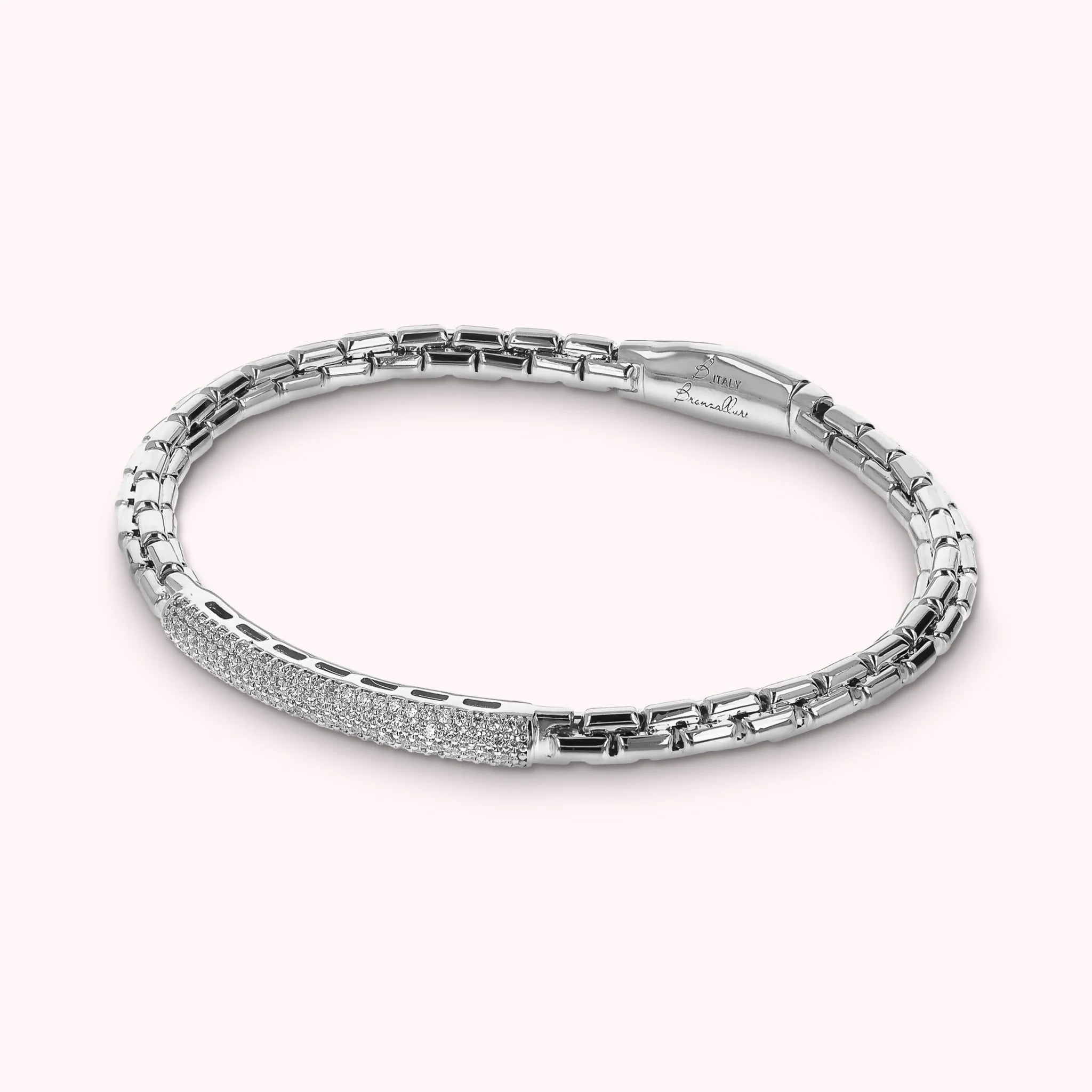 Bracelet Semi-rigide Blanc à Mailles Vénitiennes avec Plaquette en Pavé de Zirconium Cubique