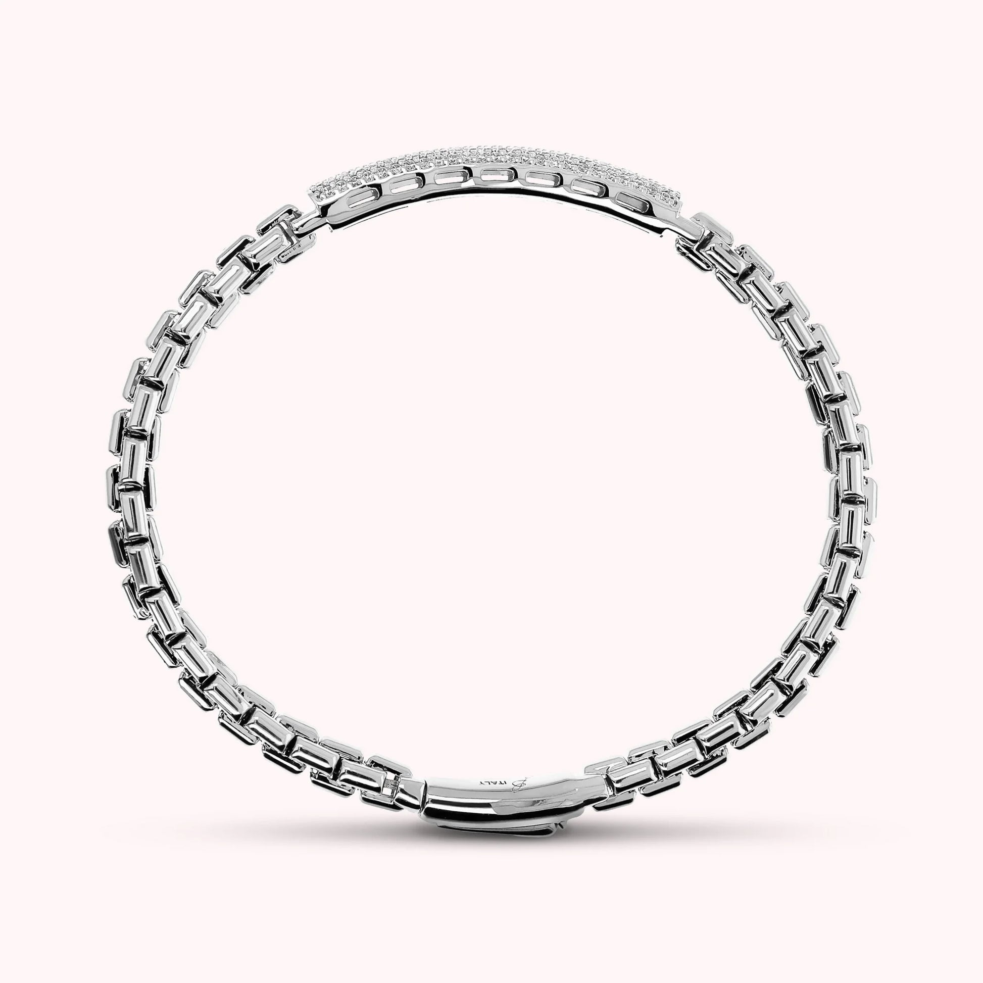 Weißes halbstarres venezianisches Maschenarmband mit Cubic-Zirkonia-Pavé-Plakette