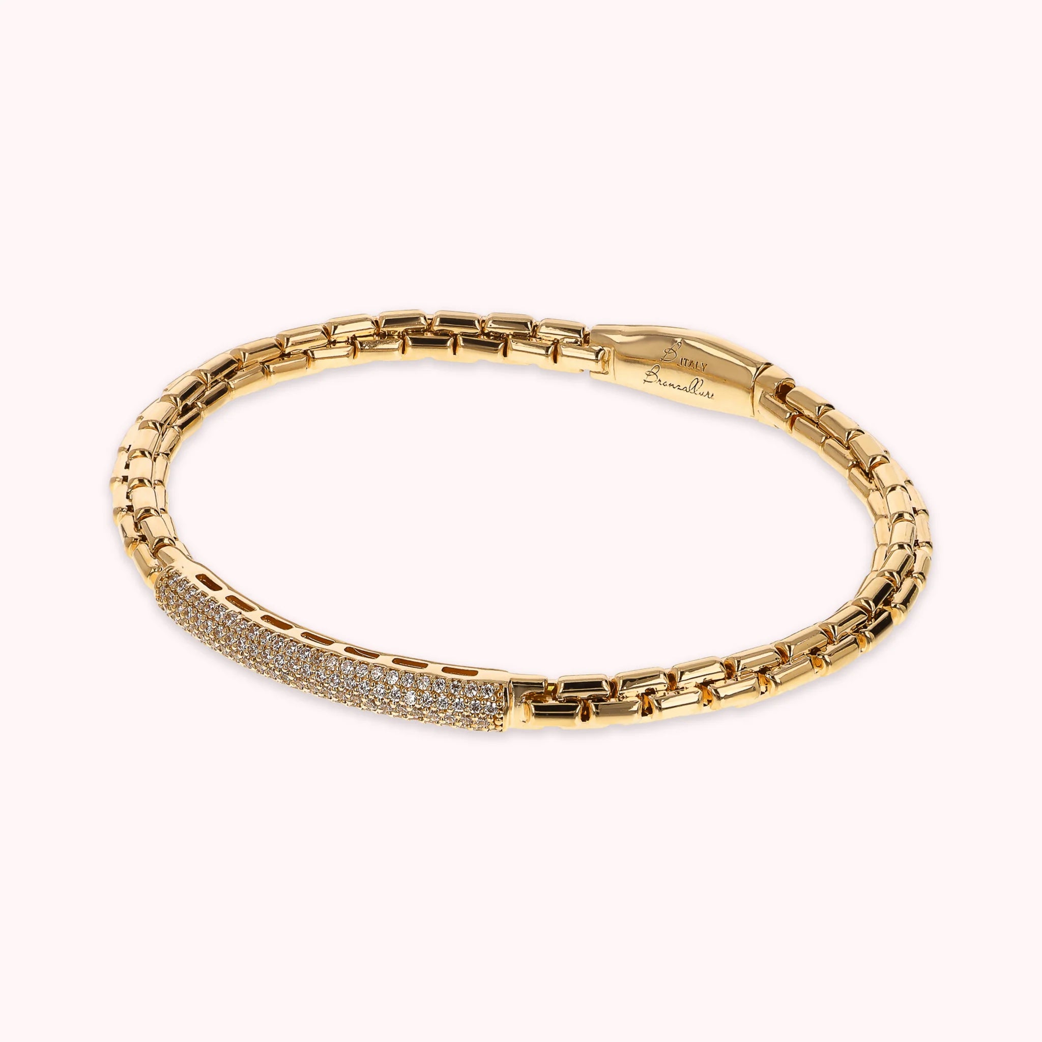Goldenes, halbstarres venezianisches Armband mit Cubic-Zirkonia-Pavé-Platte