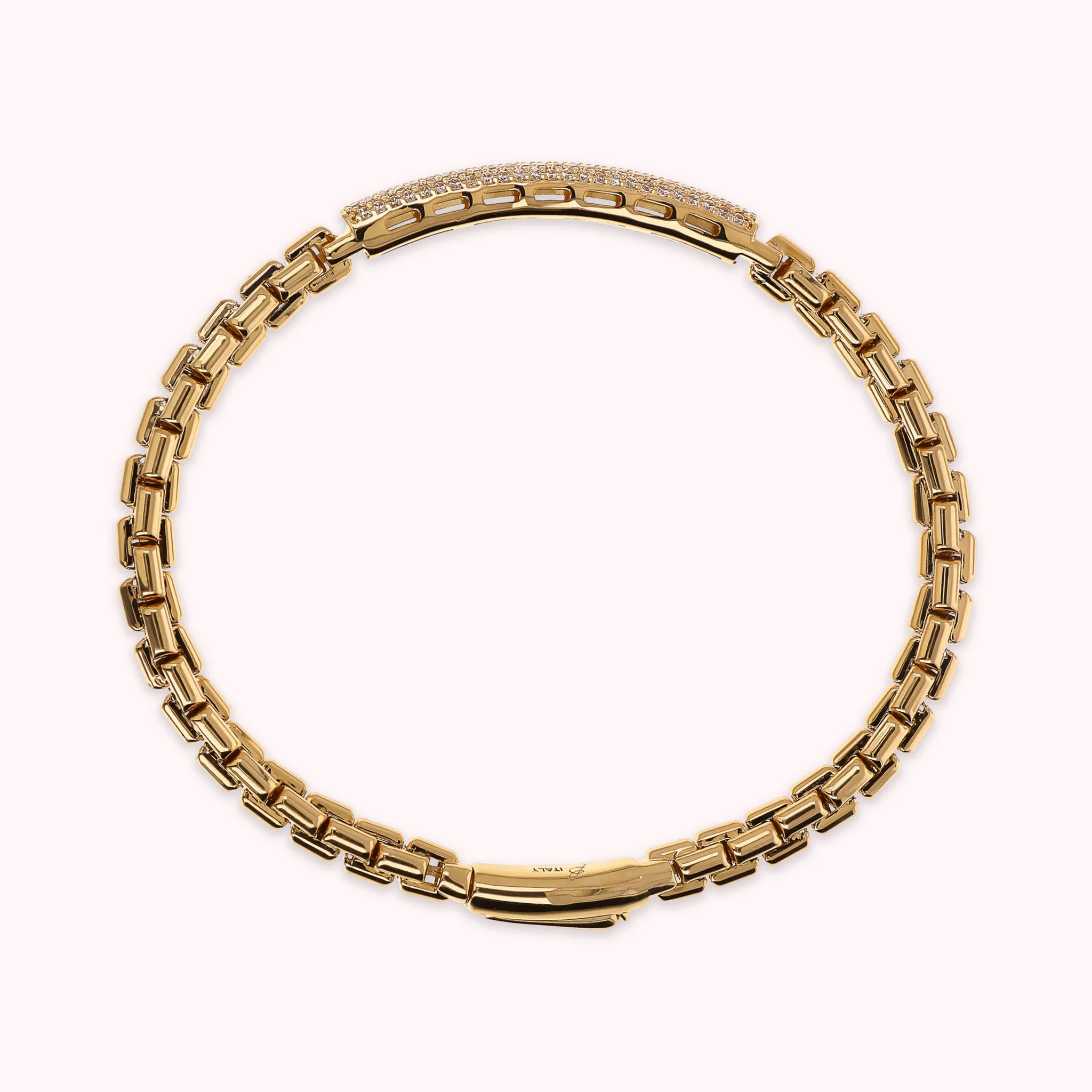 Goldenes, halbstarres venezianisches Armband mit Cubic-Zirkonia-Pavé-Platte