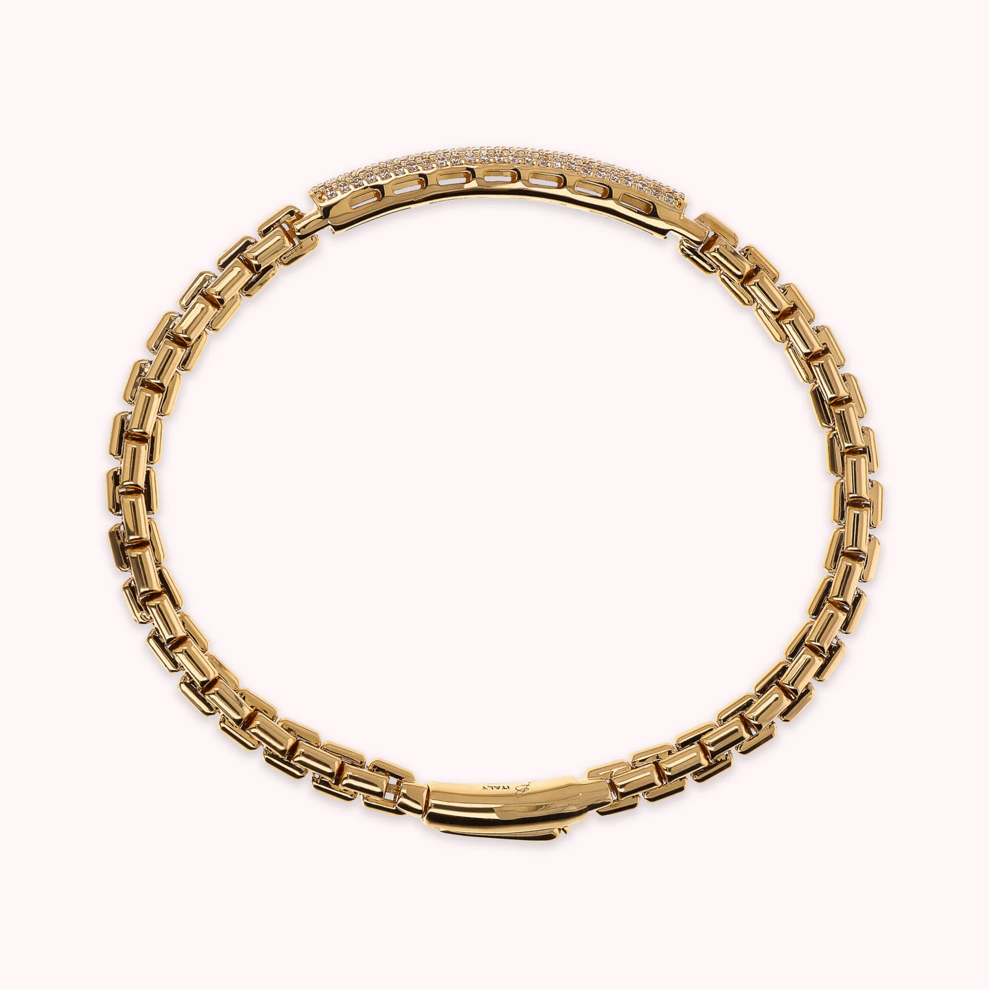 Goldenes, halbstarres venezianisches Armband mit Cubic-Zirkonia-Pavé-Platte