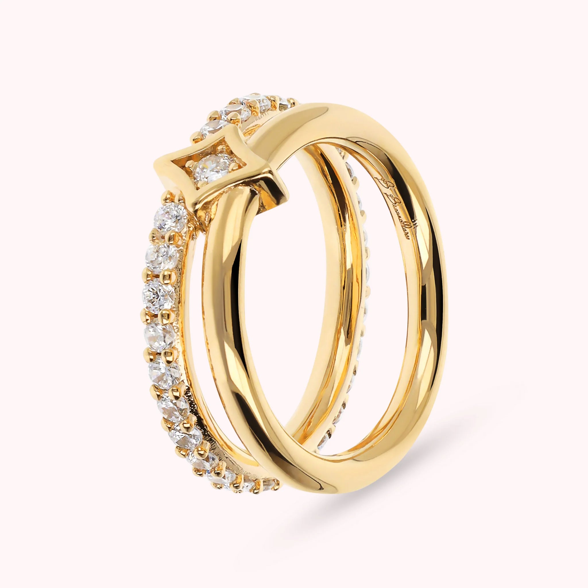 Double Golden Étoile Wedding Band and Veretta Ring in Cubic Zirconia