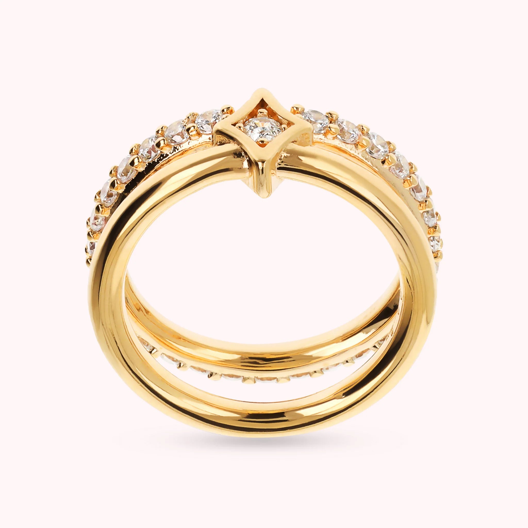 Double Golden Étoile Wedding Band and Veretta Ring in Cubic Zirconia