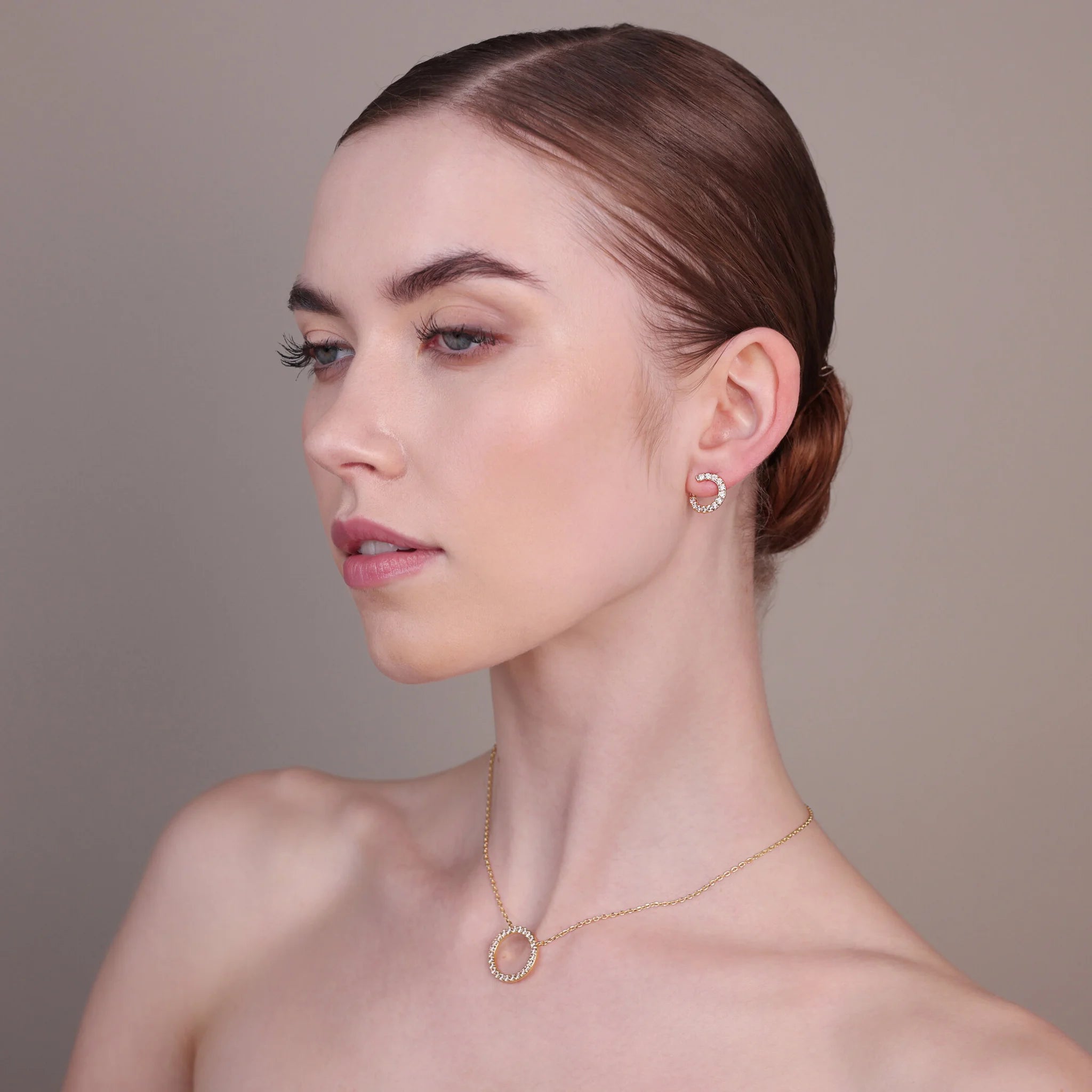 Golden Half Hoop Stud Earrings with Cubic Zirconia