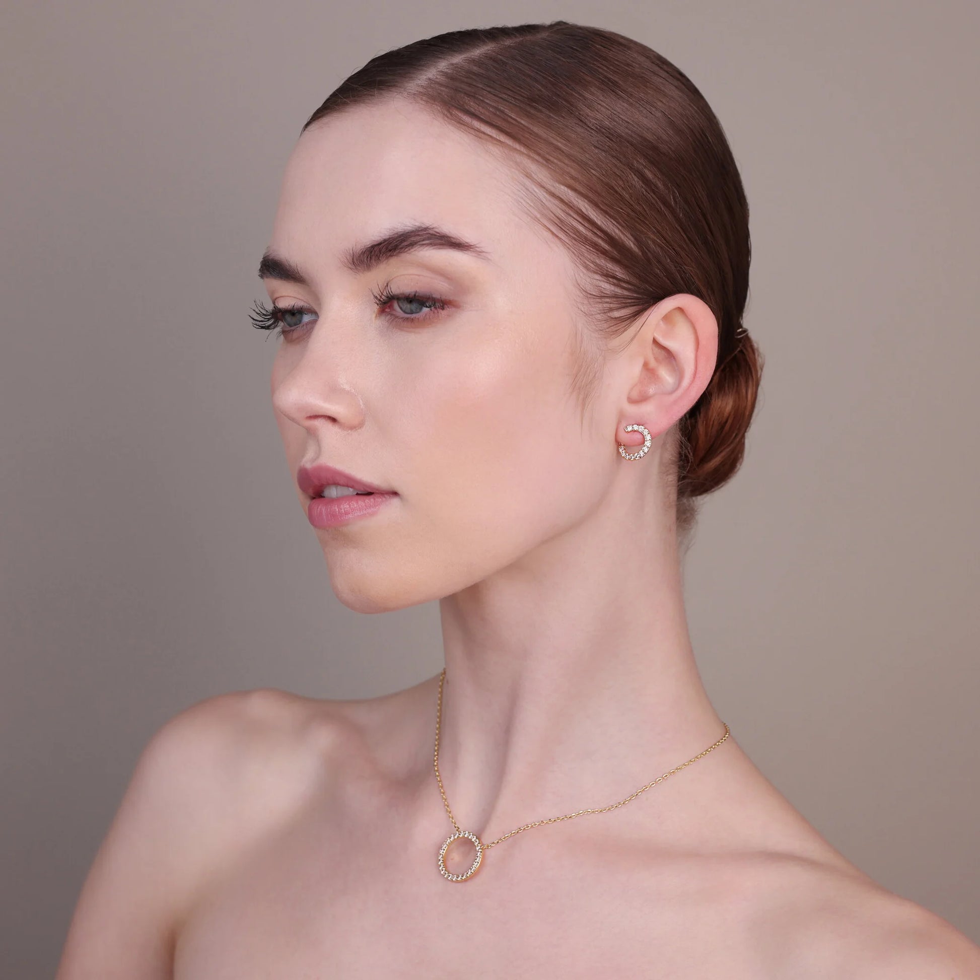 Golden Half Hoop Stud Earrings with Cubic Zirconia