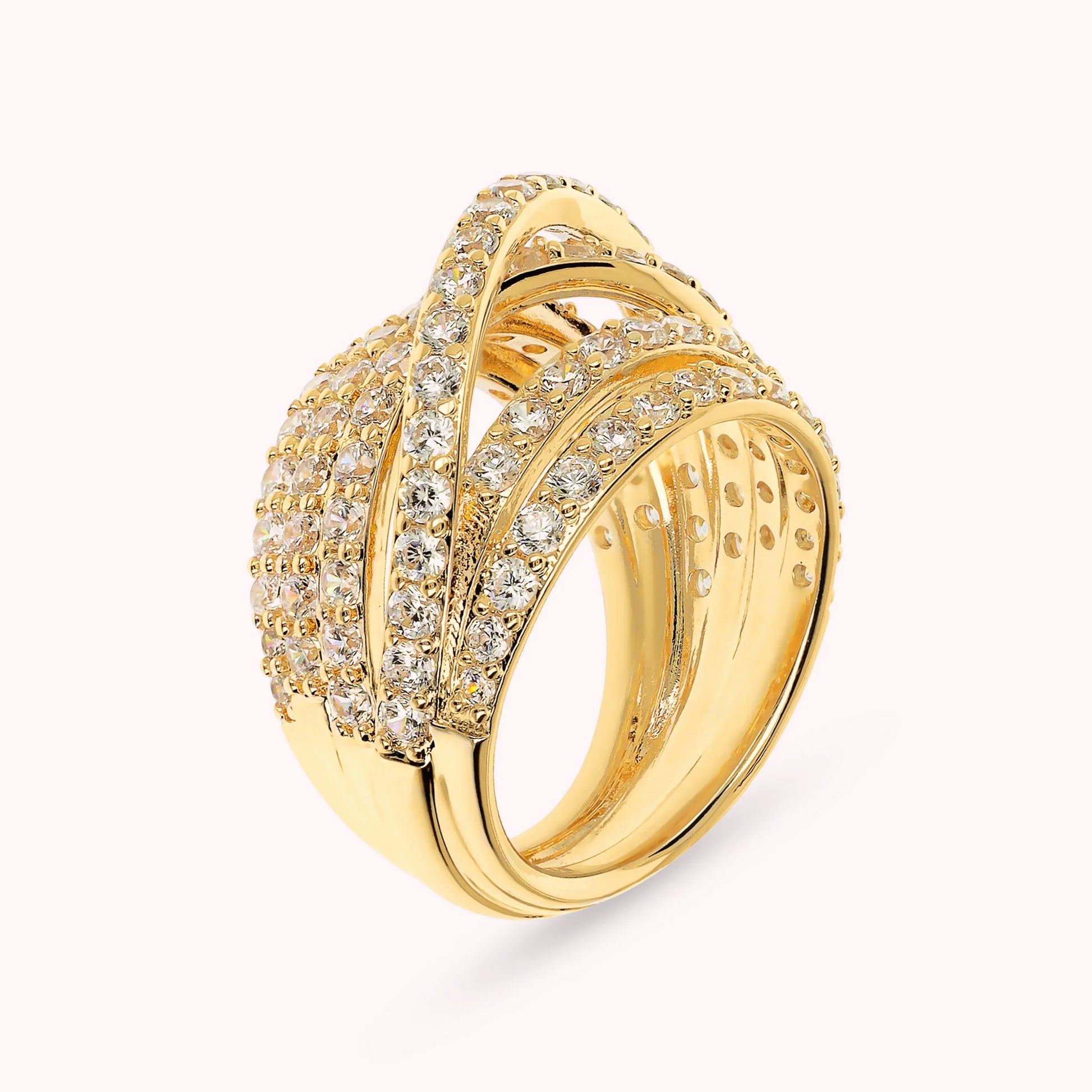 Multi-strand Golden Crossed Band Ring with Cubic Zirconia