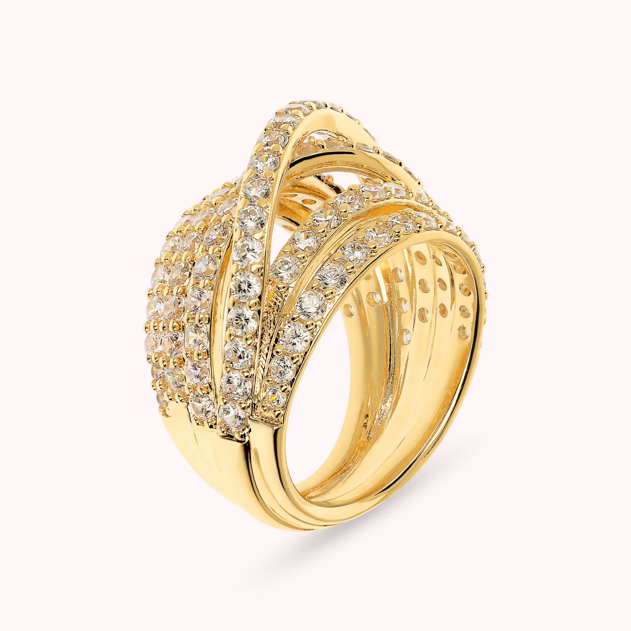 Anello a Fascia Multifilo Golden Incrociato con Cubic Zirconia