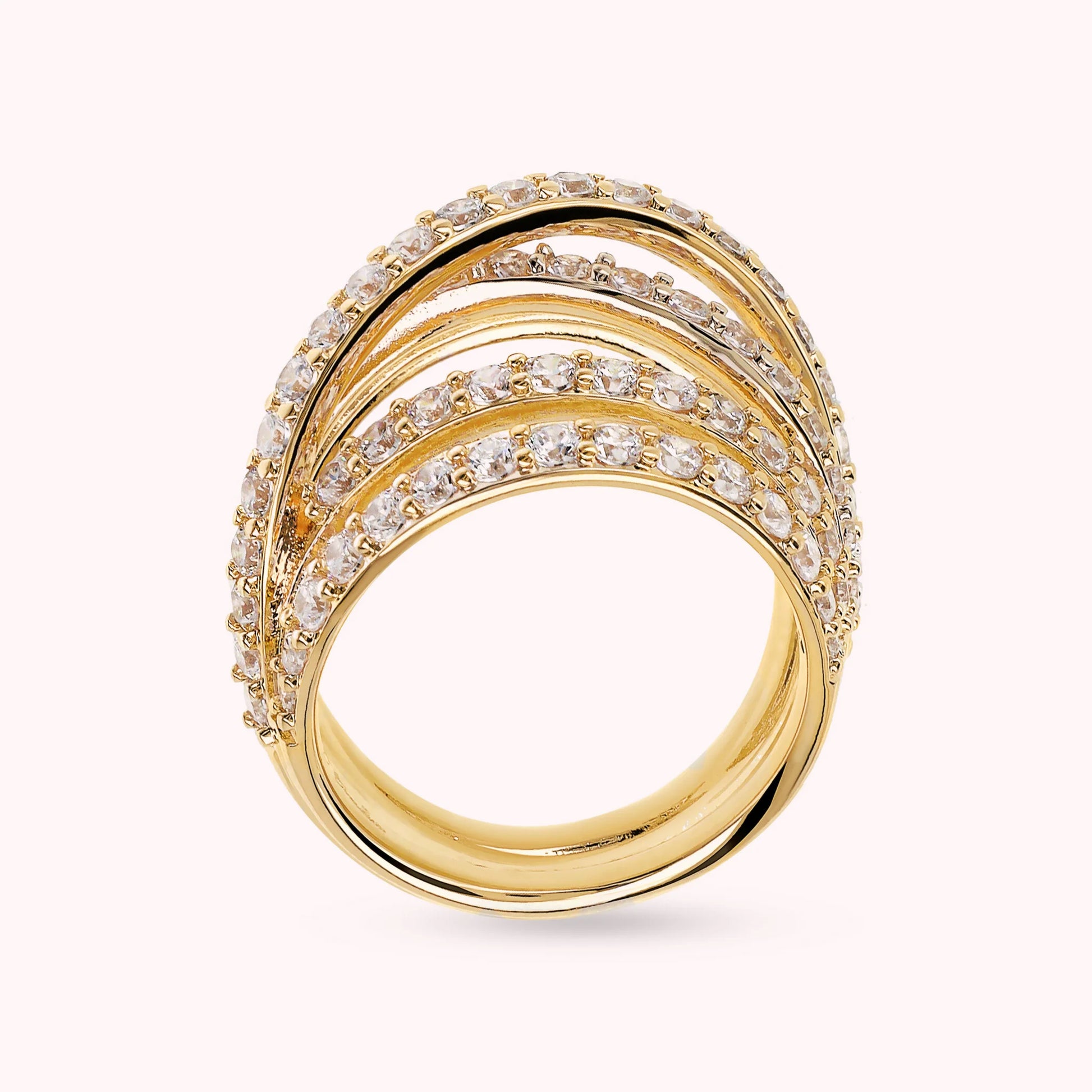 Multi-strand Golden Crossed Band Ring with Cubic Zirconia