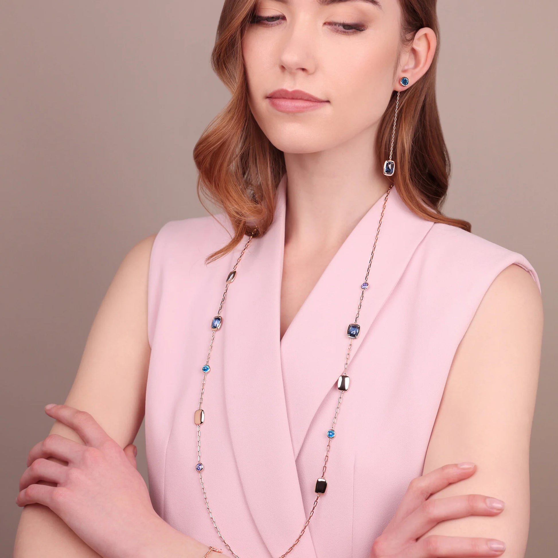 Collana Lunga con Pepite e Prisma Gem Tonde e a Baguette