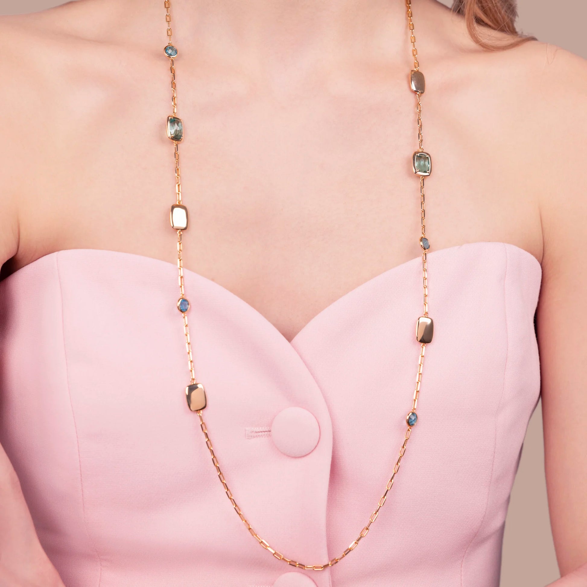 Collana Lunga con Pepite e Prisma Gem Tonde e a Baguette