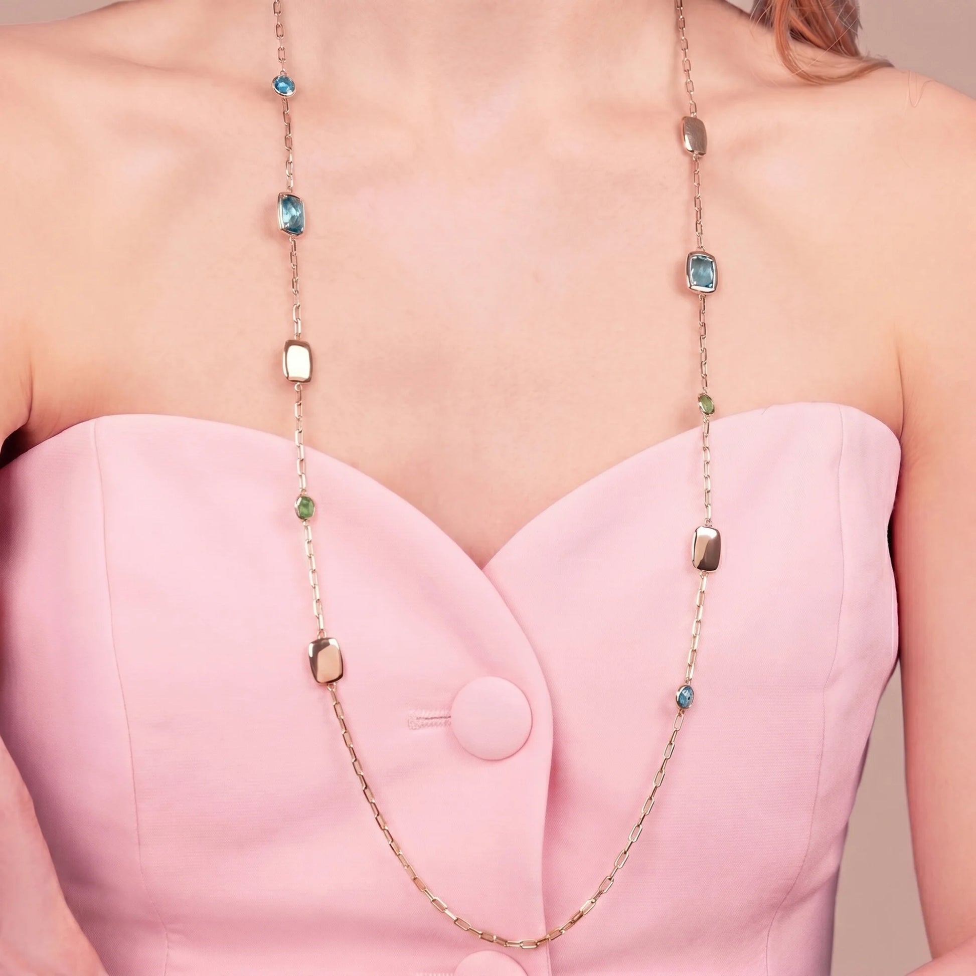 Collana Lunga con Pepite e Prisma Gem Tonde e a Baguette