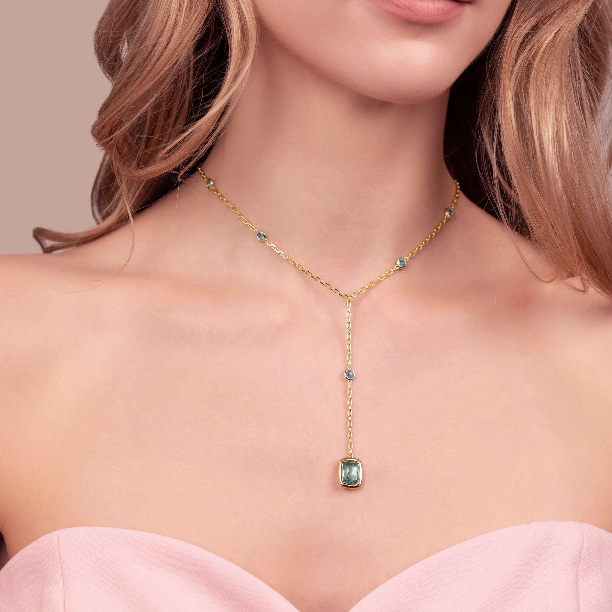 Tie Necklace with Round and Baguette Gem Prism