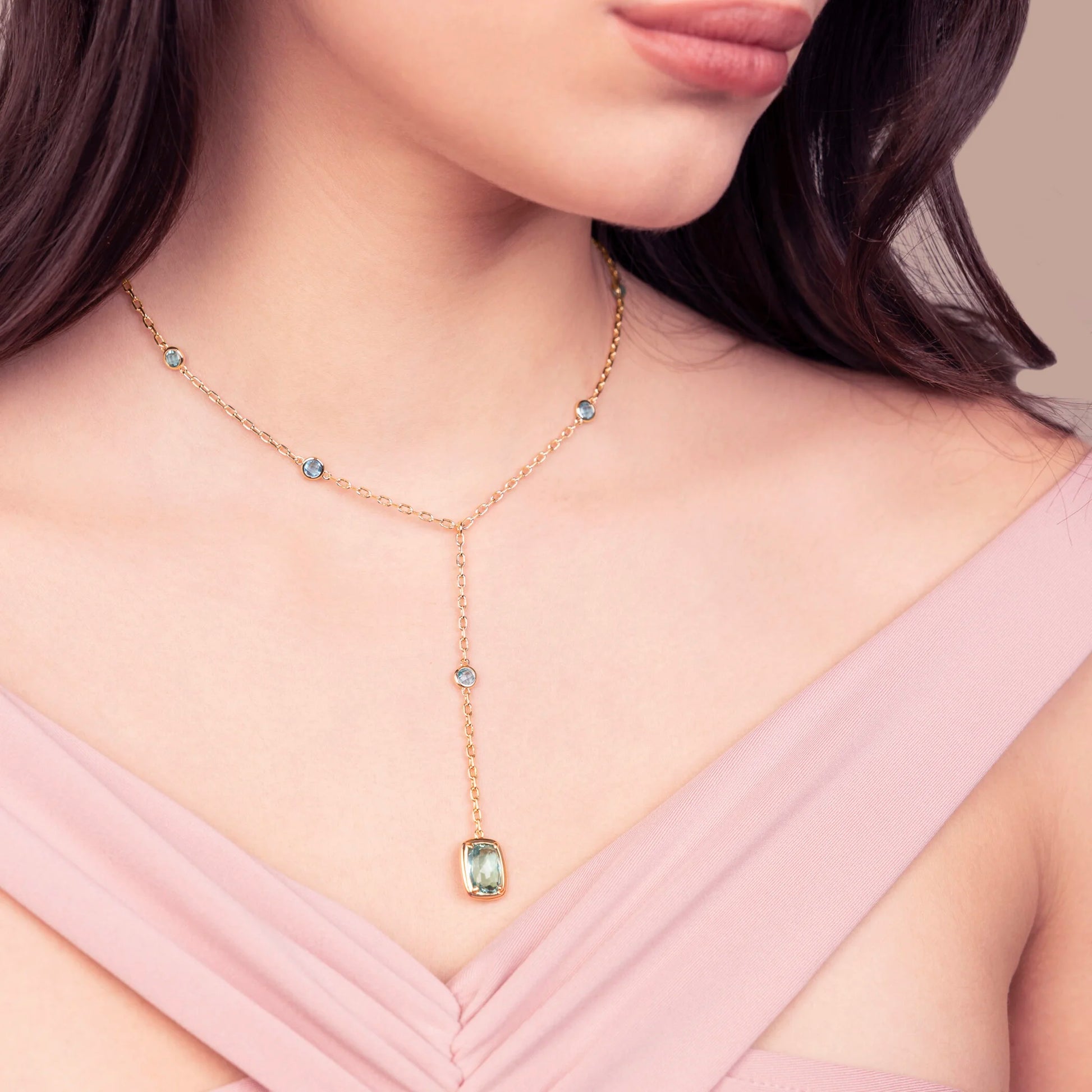 Tie Necklace with Round and Baguette Gem Prism